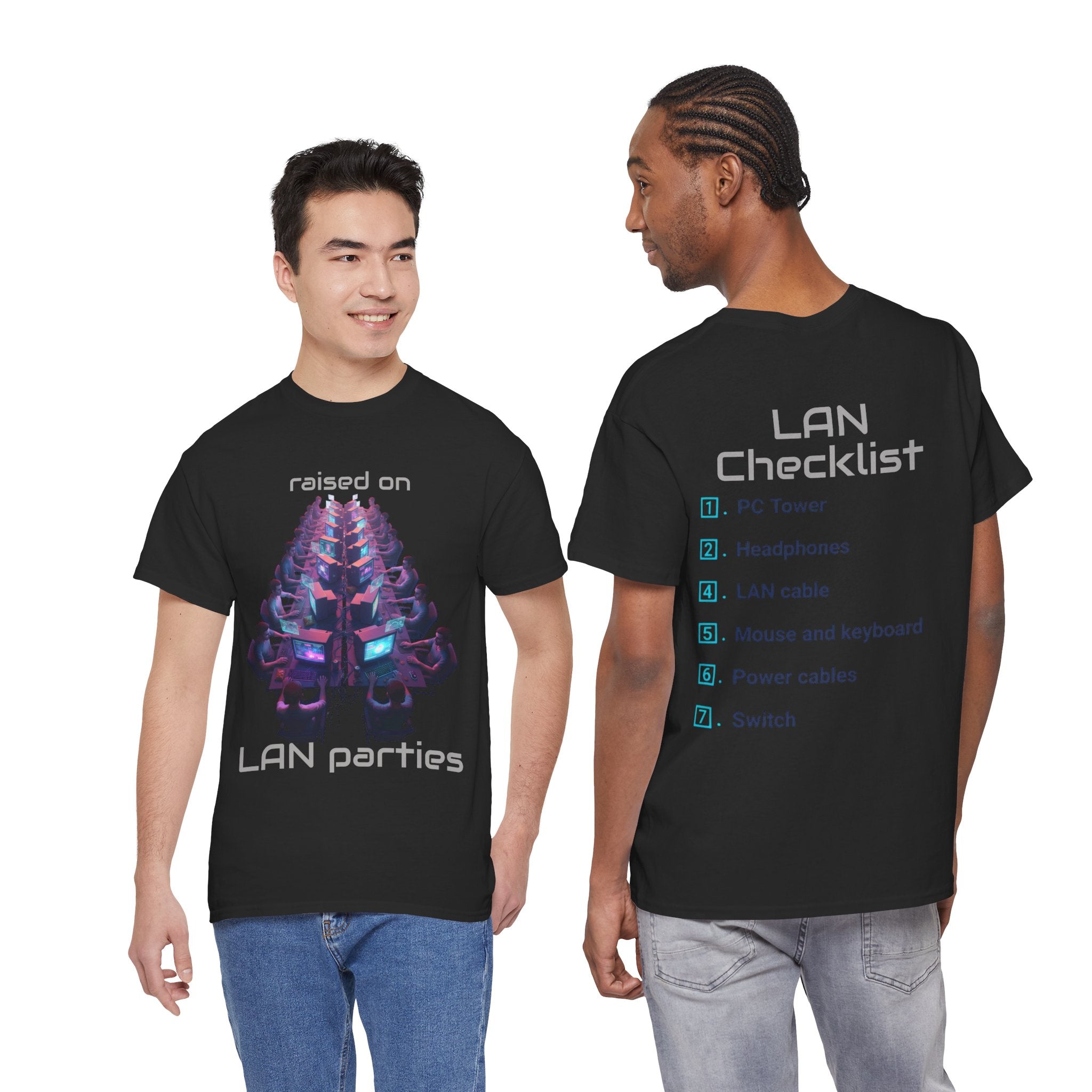LAN Parties T-Shirt — "Raised on LAN parties" PC Gaming Tee with LAN Checklist