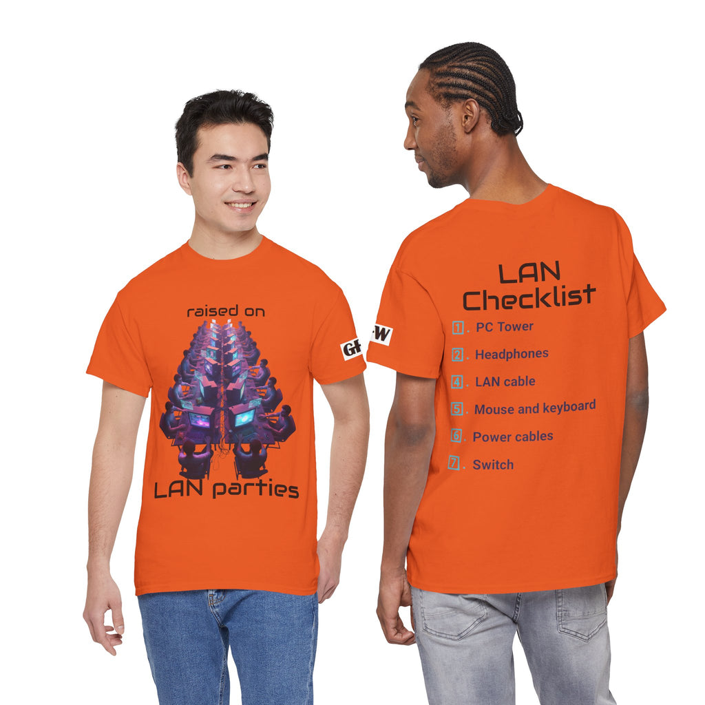 LAN Parties T-Shirt — "Raised on LAN parties" PC Gaming Tee with LAN Checklist