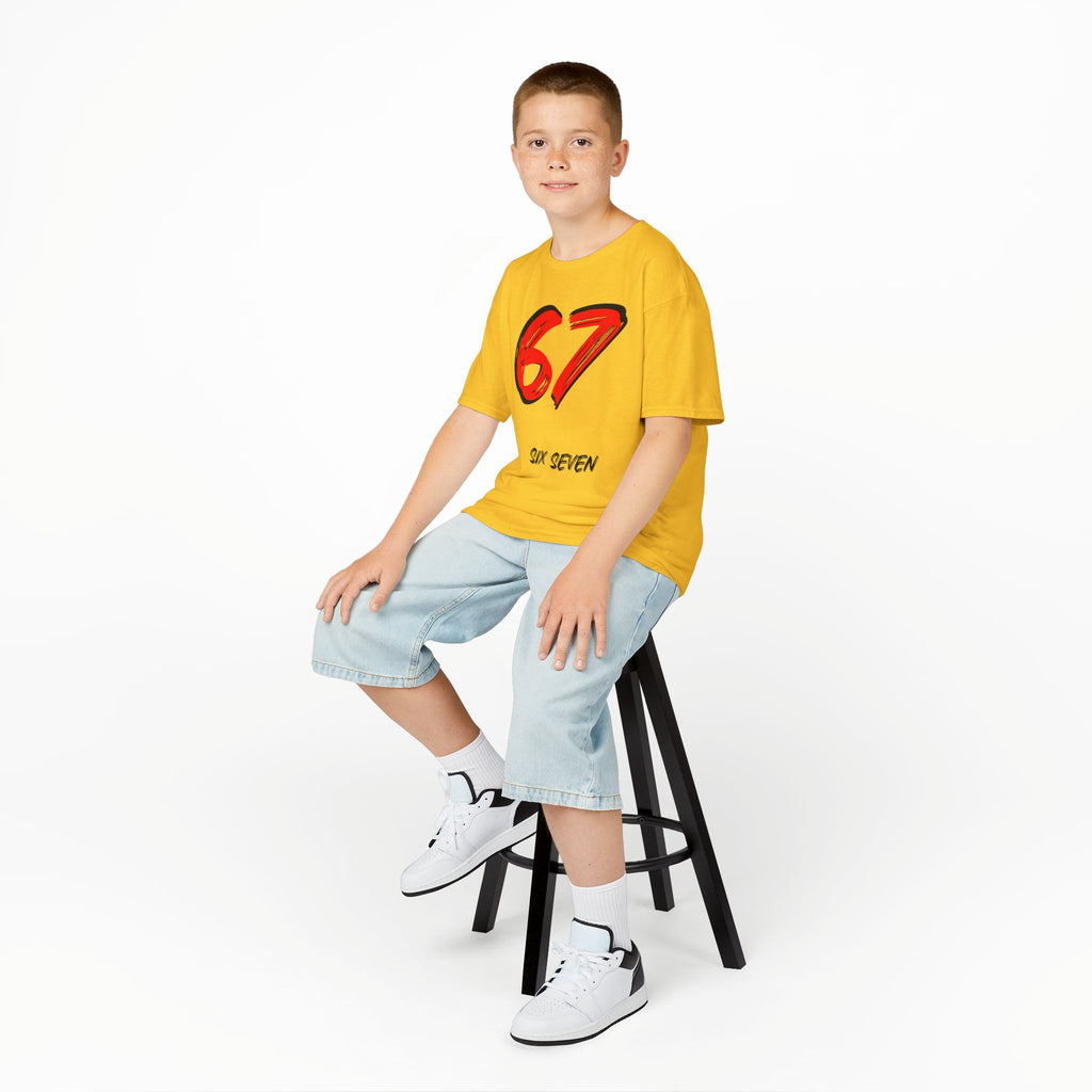 Kids '67' Graphic Tee — Red Number Design with “Six Seven” Text