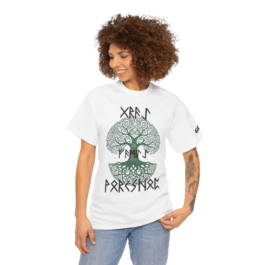 Yggdrasil Tree of Life T‑Shirt — "Gray Family Workshop" written in Rune
