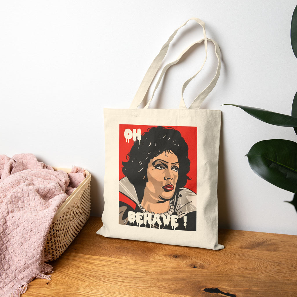 Retro Pop Art Tote Bag — "Oh Behave!" & Red Lips Canvas Shopper