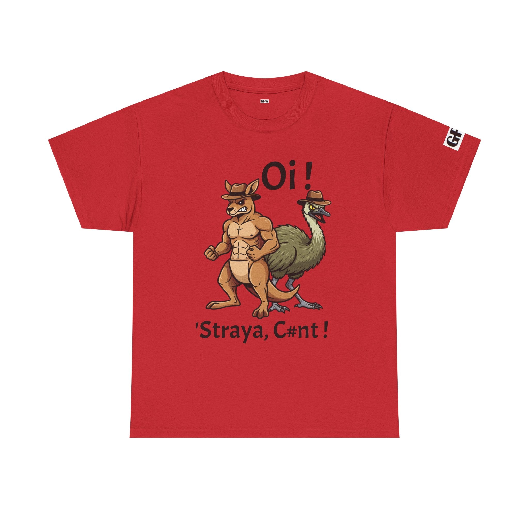 Aussie Mates Graphic Tee — “Oi! ’Straya, C#nt!” Cartoon Kangaroo & Emu Shirt