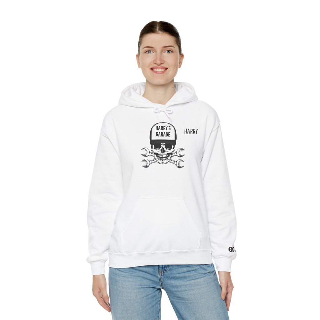 Personalisable - Garage Skull Hoodie — "Harry's Garage" Mechanic Wrench Pullover