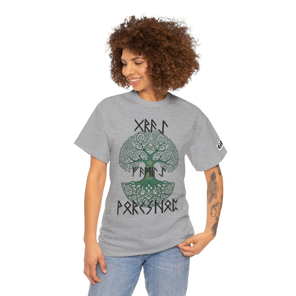 Yggdrasil Tree of Life T‑Shirt — "Gray Family Workshop" written in Rune