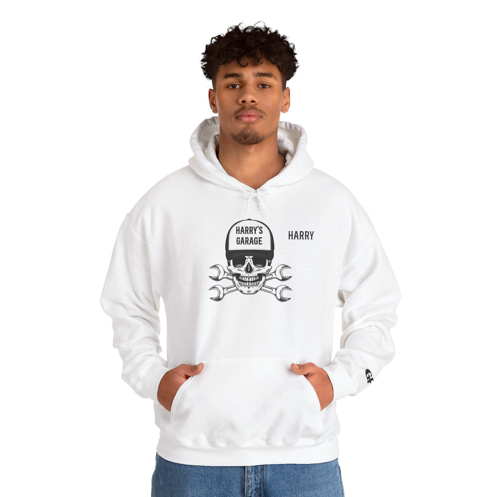 Personalisable - Garage Skull Hoodie — "Harry's Garage" Mechanic Wrench Pullover