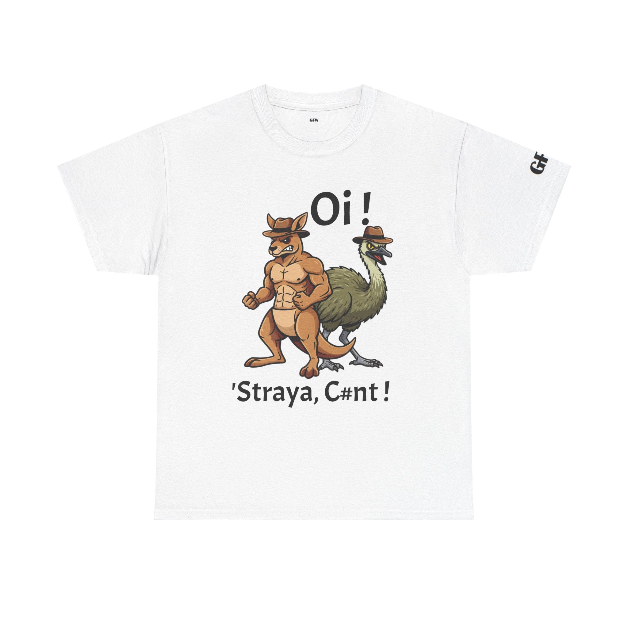 Aussie Mates Graphic Tee — “Oi! ’Straya, C#nt!” Cartoon Kangaroo & Emu Shirt