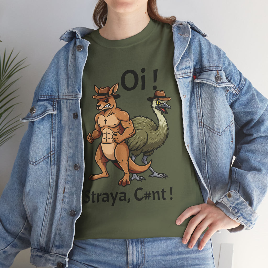 Aussie Mates Graphic Tee — “Oi! ’Straya, C#nt!” Cartoon Kangaroo & Emu Shirt