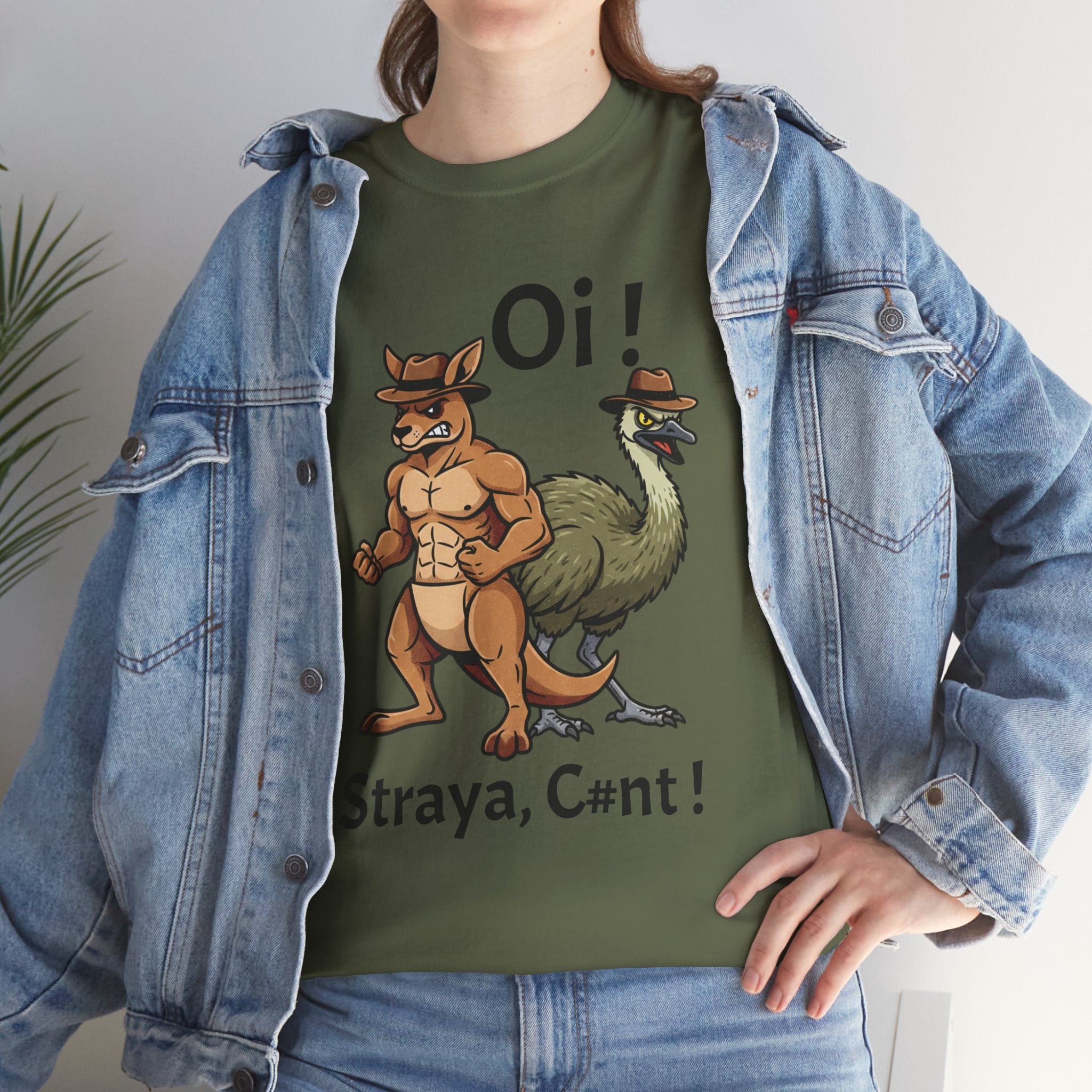 Aussie Mates Graphic Tee — “Oi! ’Straya, C#nt!” Cartoon Kangaroo & Emu Shirt