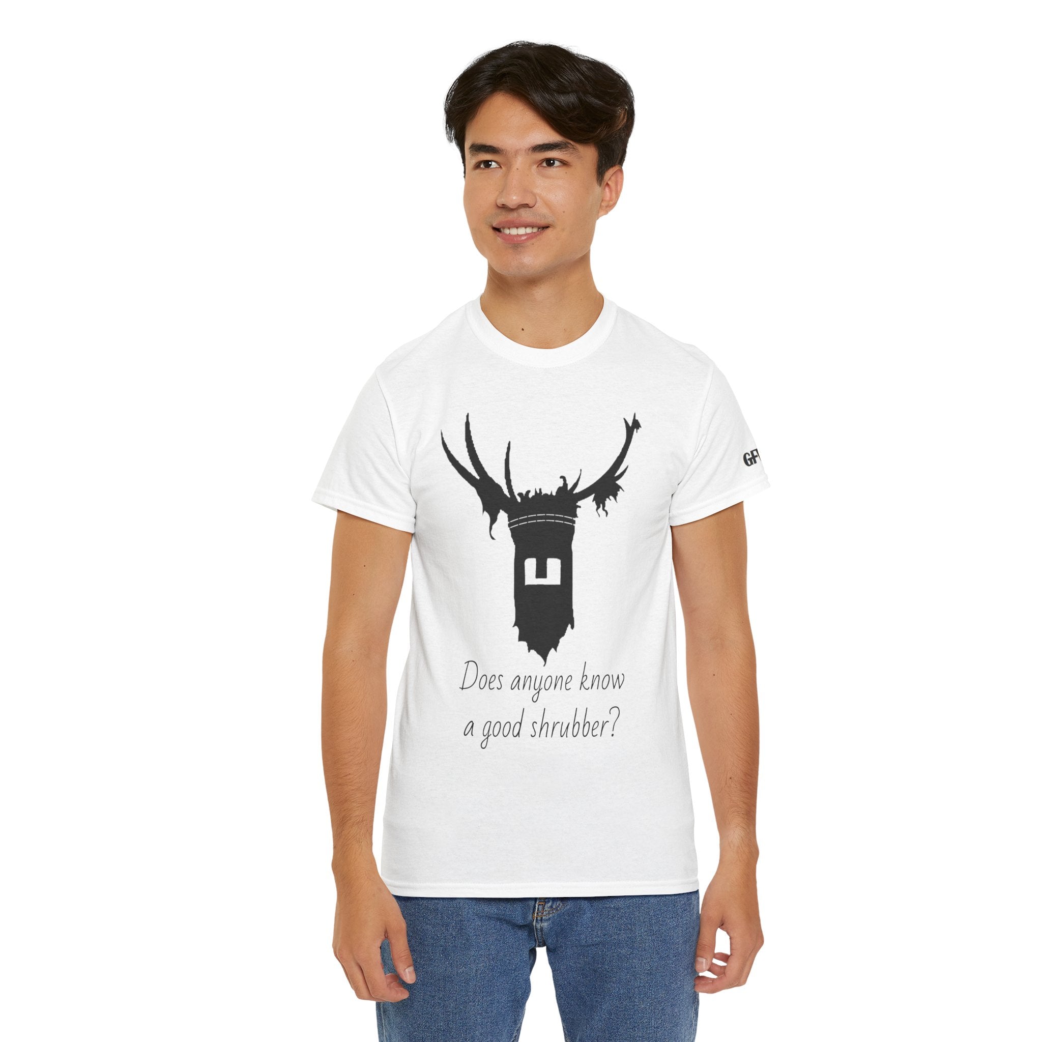 T‑Shirt — 'Does Anyone Know a Good Shrubber?'  Black Deer Mask Tee