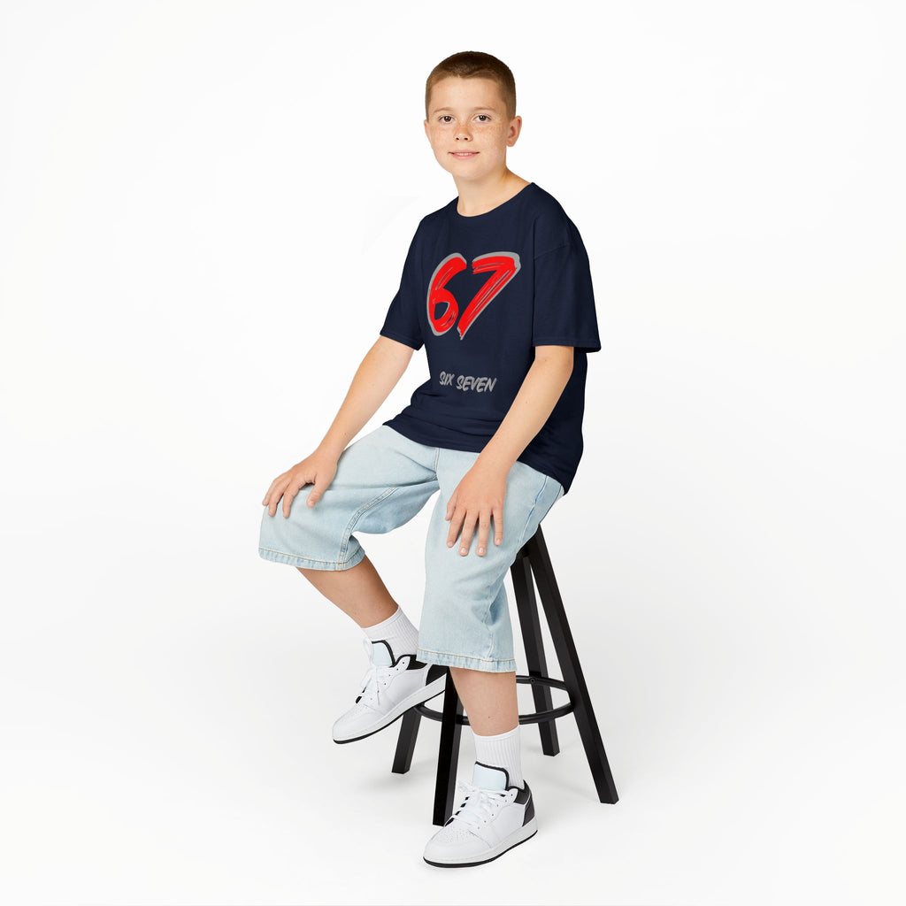 Kids '67' Graphic Tee — Red Number Design with “Six Seven” Text