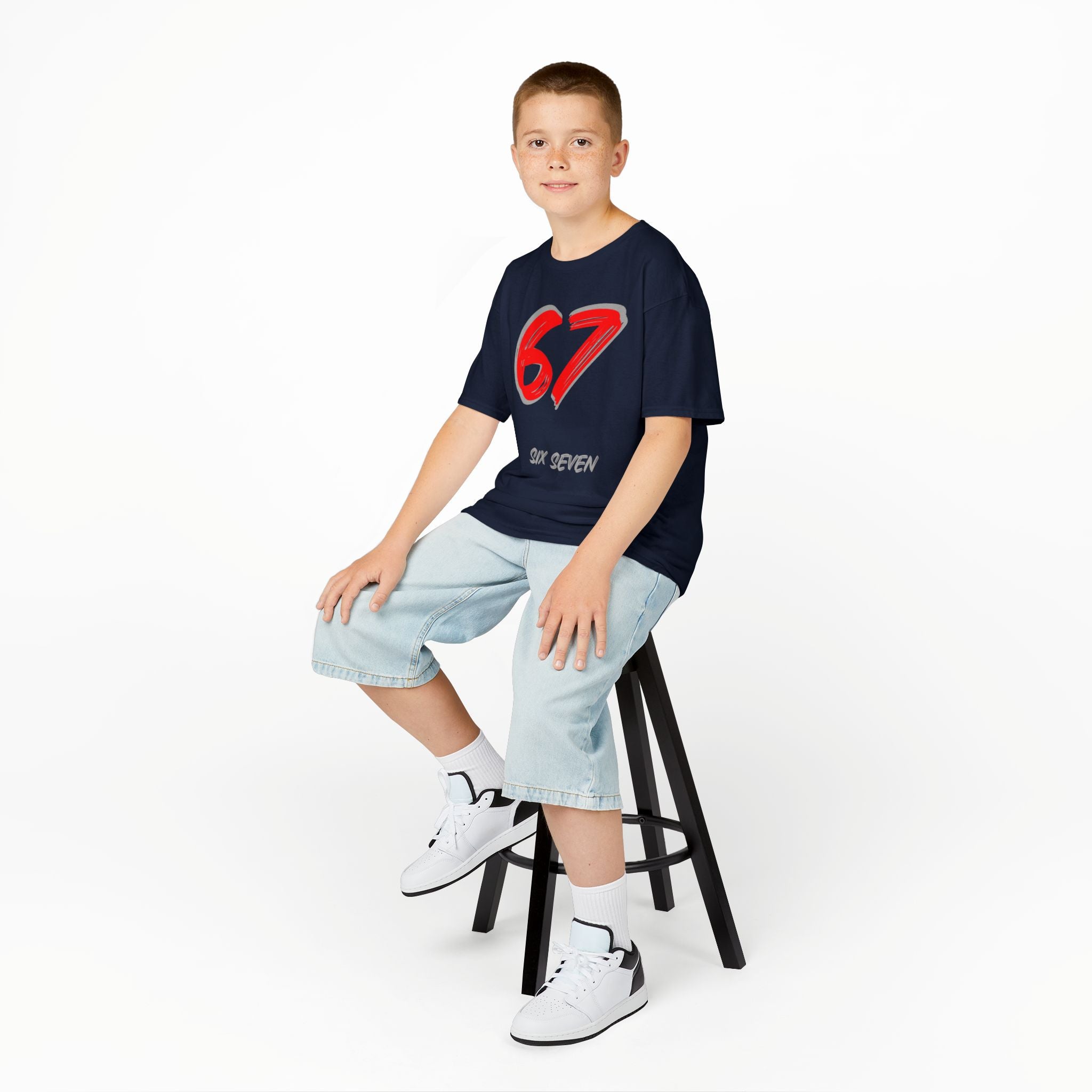 Kids '67' Graphic Tee — Red Number Design with “Six Seven” Text