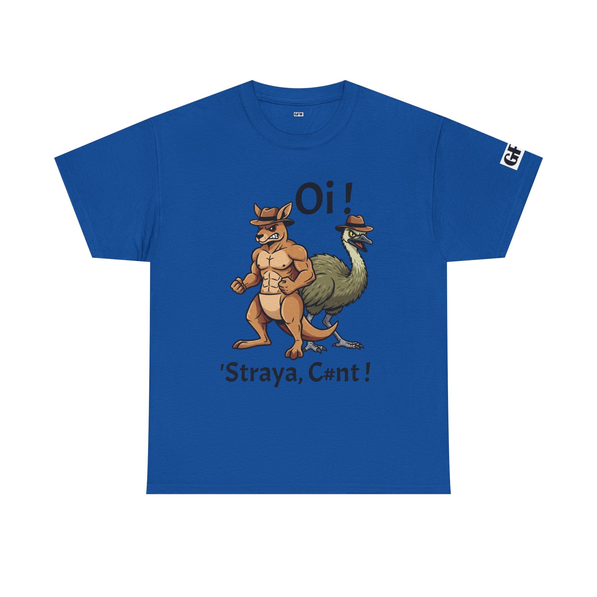 Aussie Mates Graphic Tee — “Oi! ’Straya, C#nt!” Cartoon Kangaroo & Emu Shirt