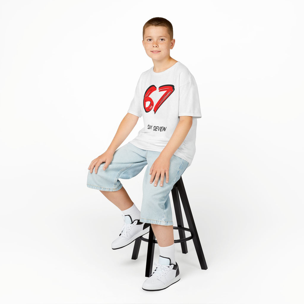 Kids '67' Graphic Tee — Red Number Design with “Six Seven” Text