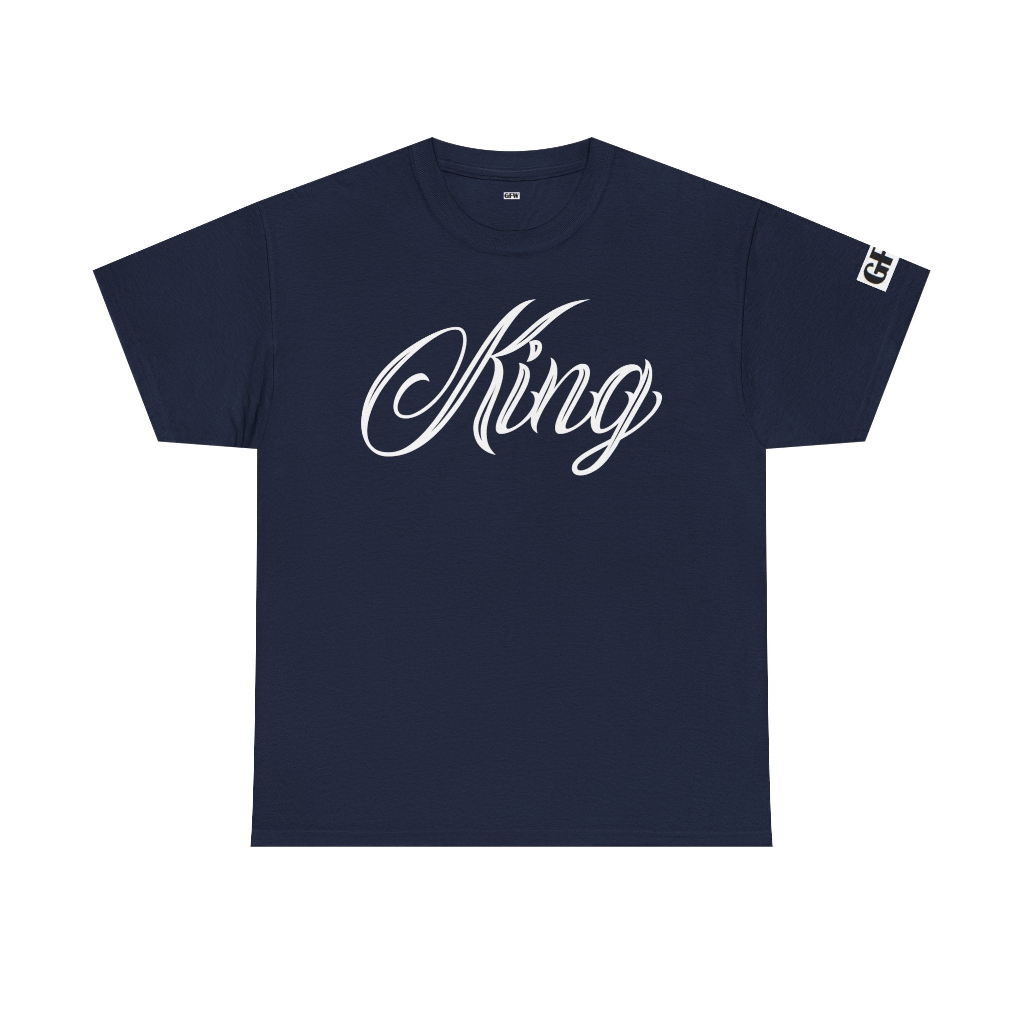 King Tee — White Graphic T‑Shirt with Script "King" & Gold Chess Piece