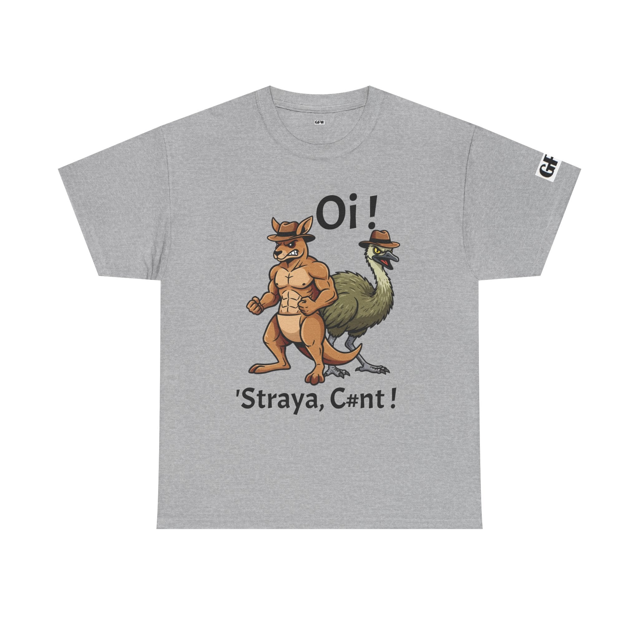 Aussie Mates Graphic Tee — “Oi! ’Straya, C#nt!” Cartoon Kangaroo & Emu Shirt