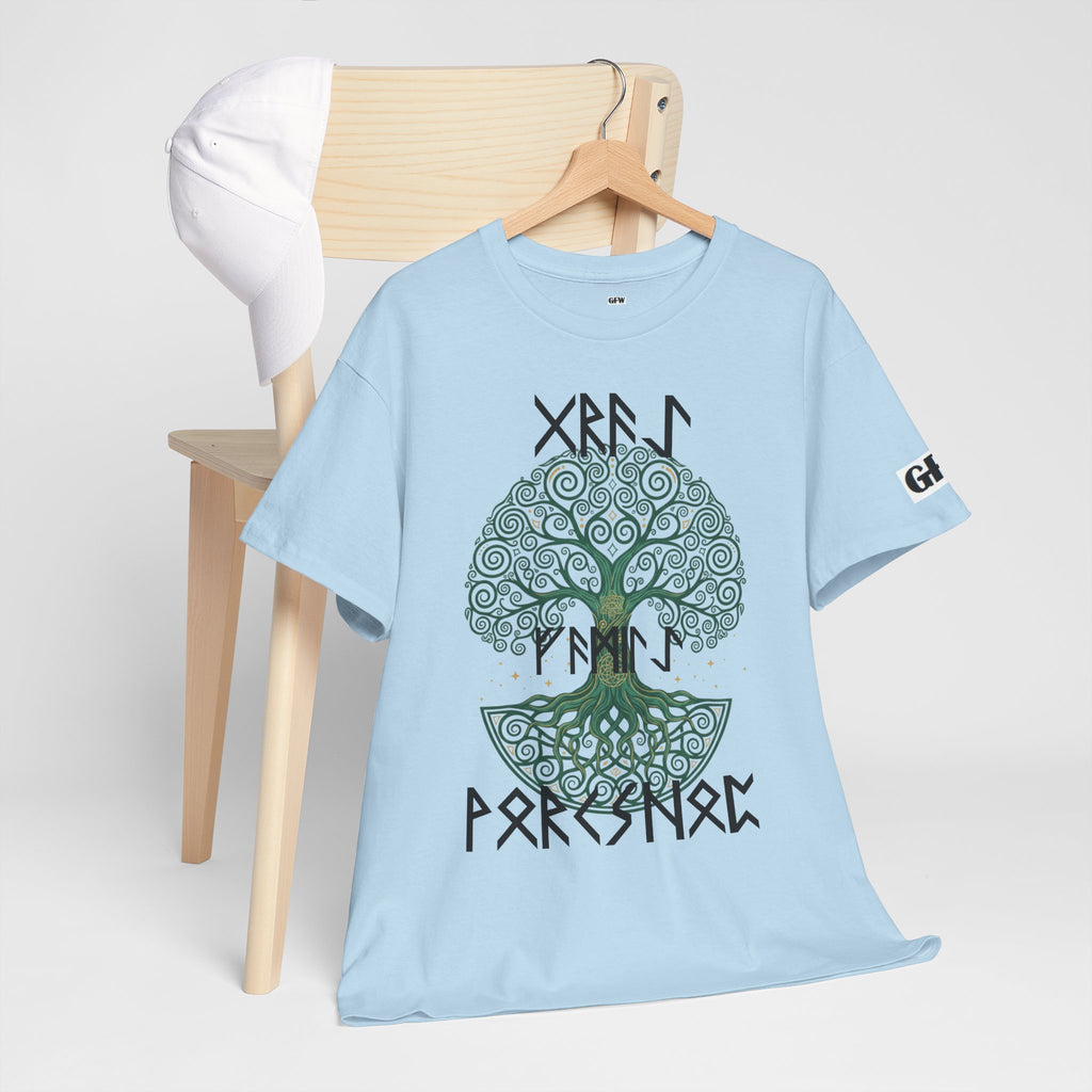 Yggdrasil Tree of Life T‑Shirt — "Gray Family Workshop" written in Rune
