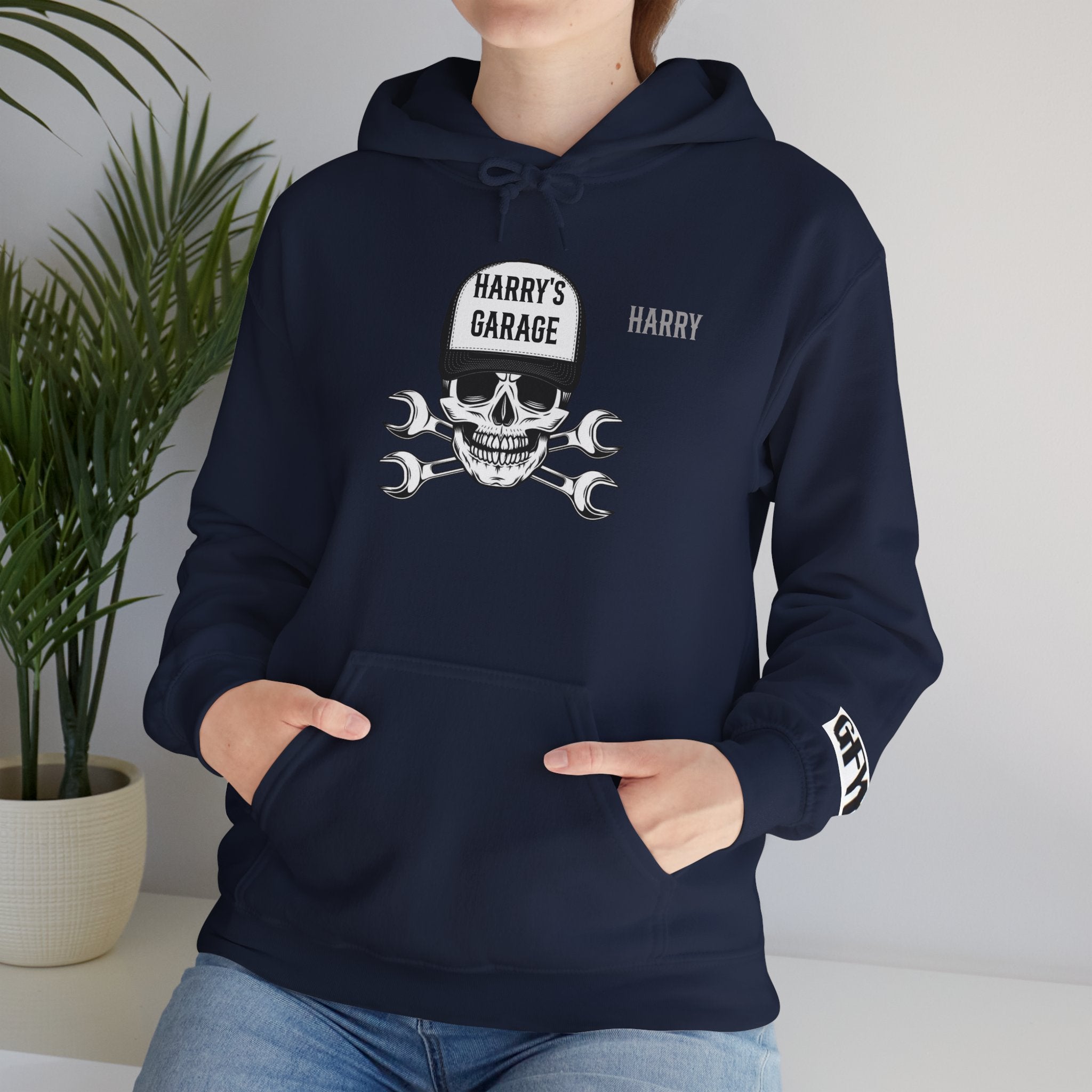 Personalisable - Garage Skull Hoodie — "Harry's Garage" Mechanic Wrench Pullover
