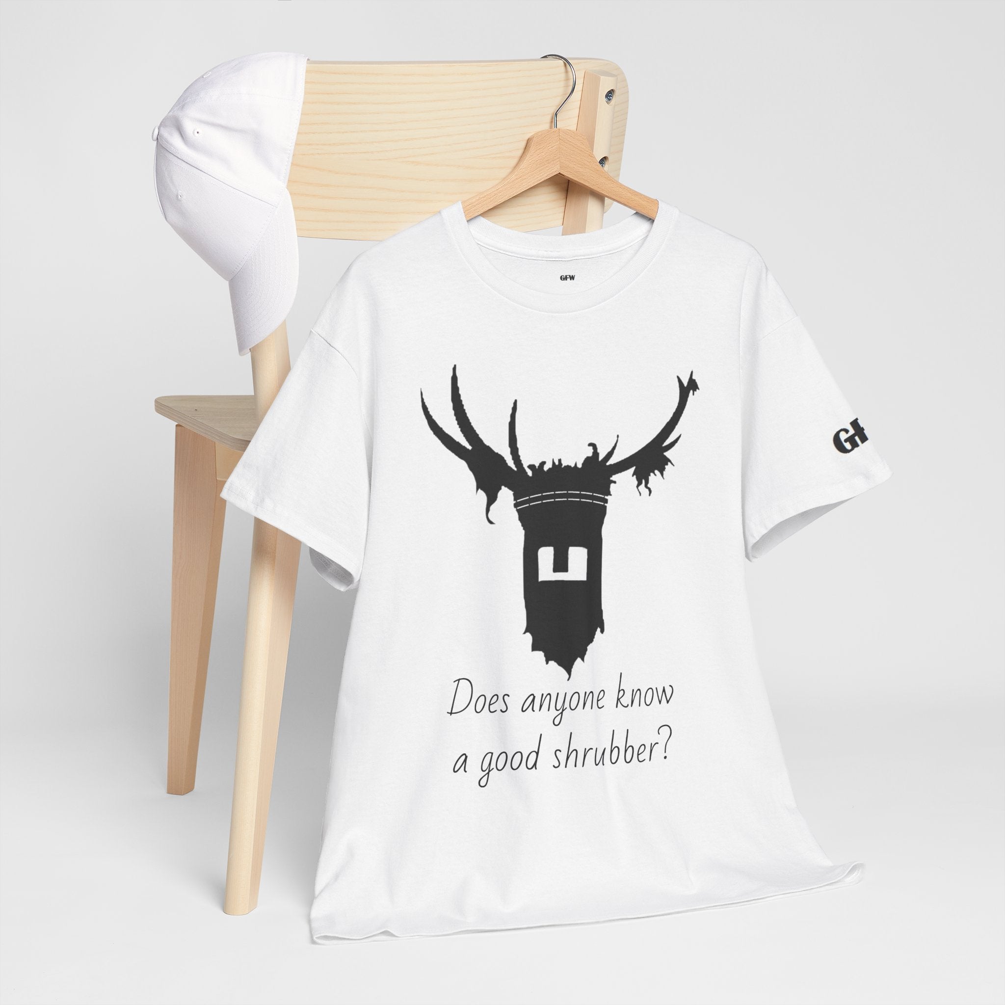 T‑Shirt — 'Does Anyone Know a Good Shrubber?'  Black Deer Mask Tee