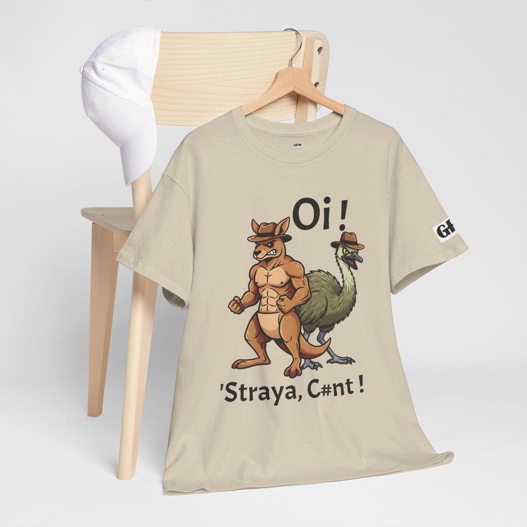 Aussie Mates Graphic Tee — “Oi! ’Straya, C#nt!” Cartoon Kangaroo & Emu Shirt