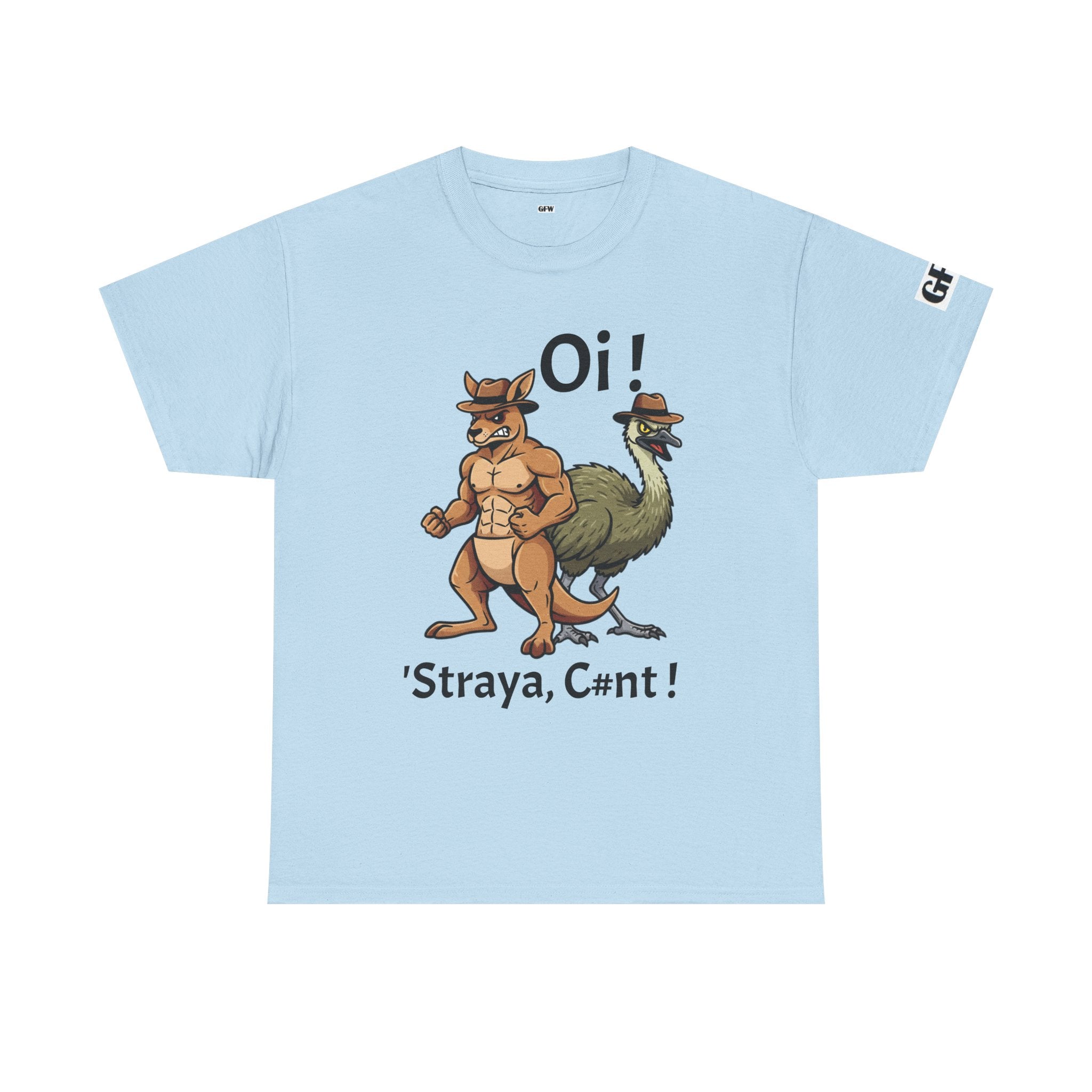 Aussie Mates Graphic Tee — “Oi! ’Straya, C#nt!” Cartoon Kangaroo & Emu Shirt