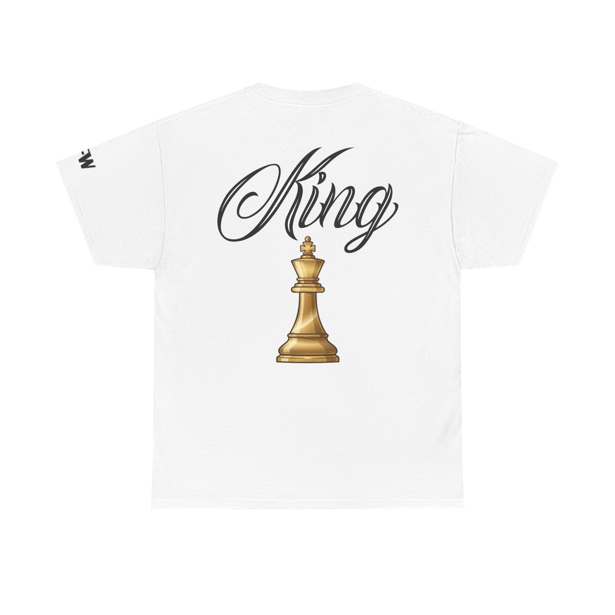 King Tee — White Graphic T‑Shirt with Script "King" & Gold Chess Piece