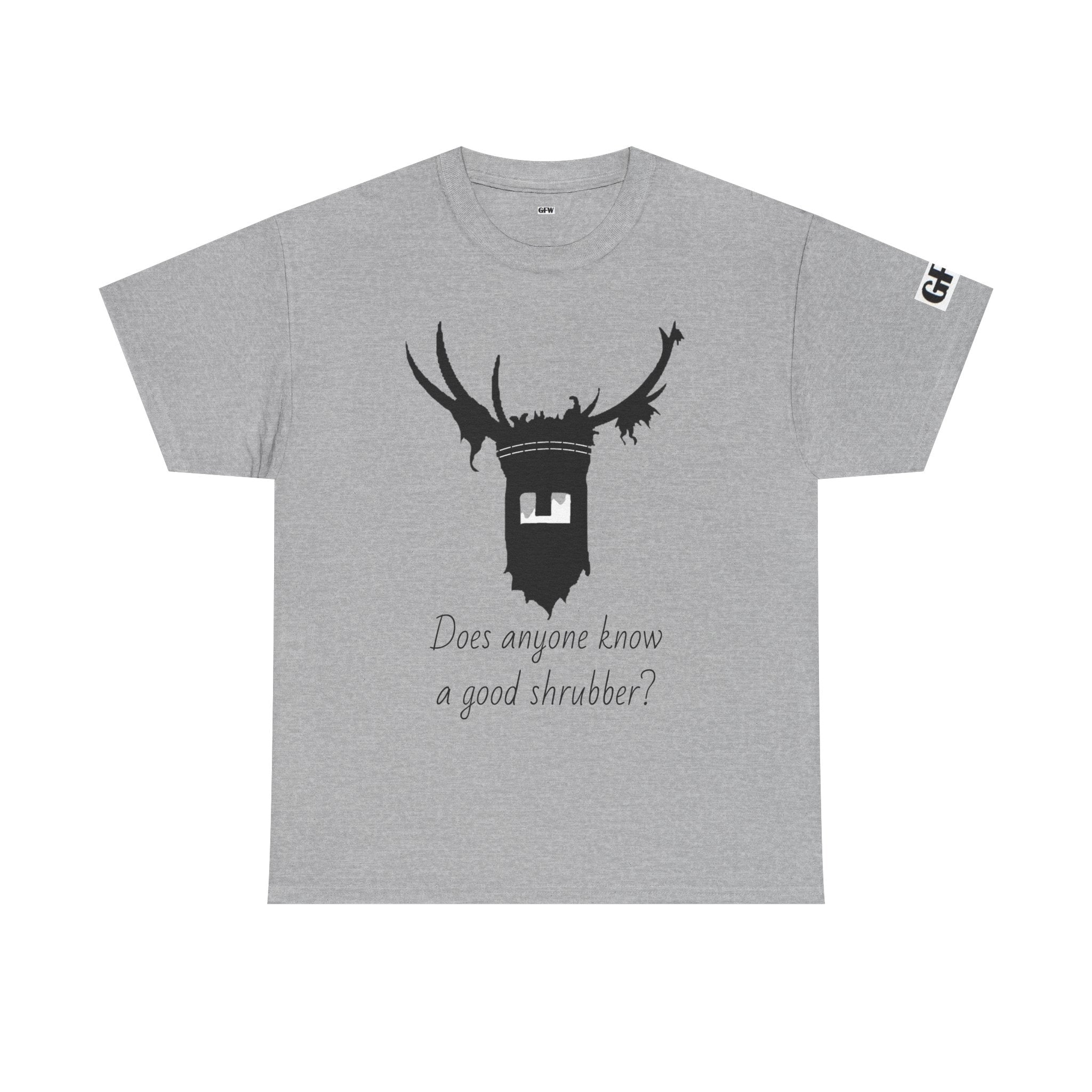 T‑Shirt — 'Does Anyone Know a Good Shrubber?'  Black Deer Mask Tee