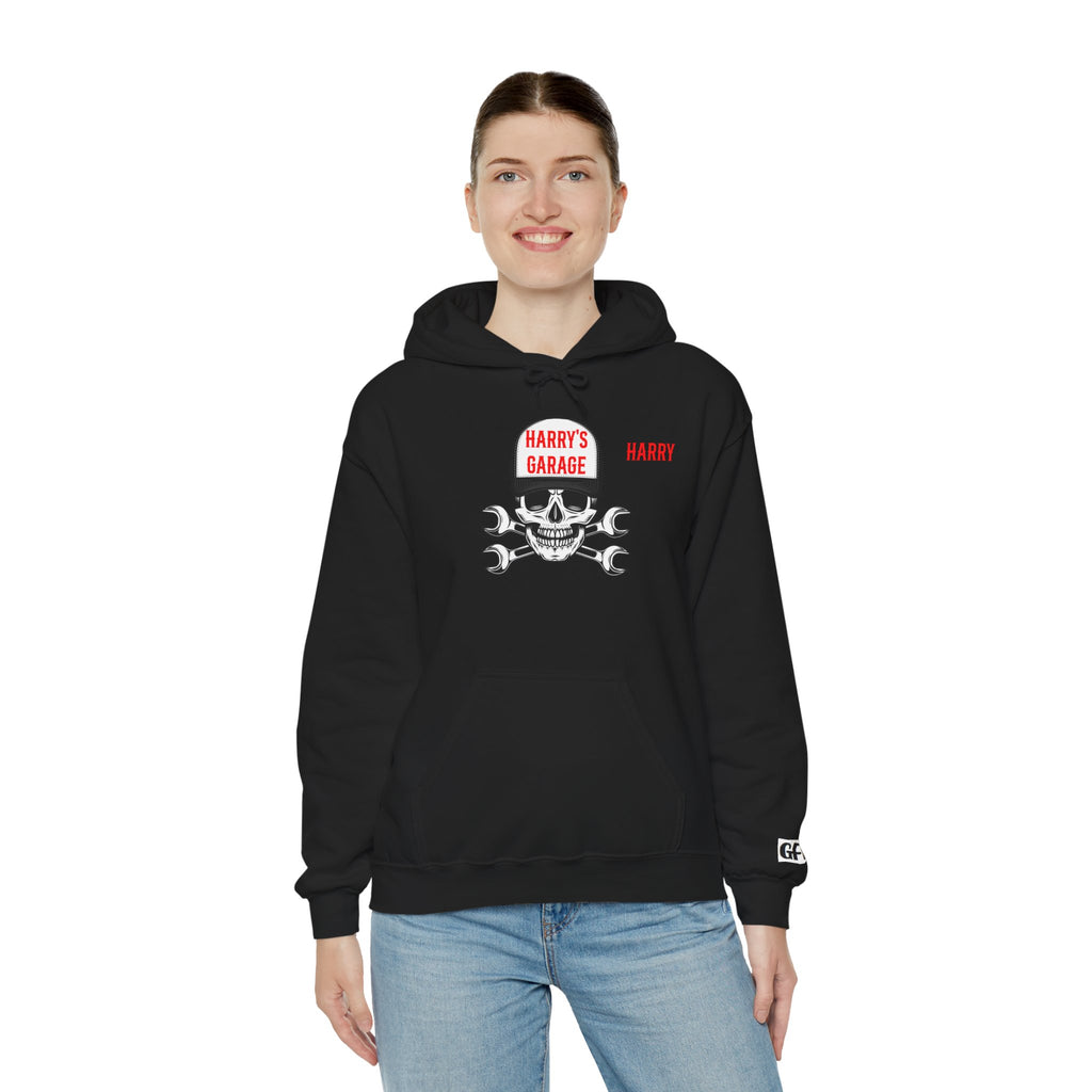 Personalisable - Garage Skull Hoodie — "Harry's Garage" Mechanic Wrench Pullover