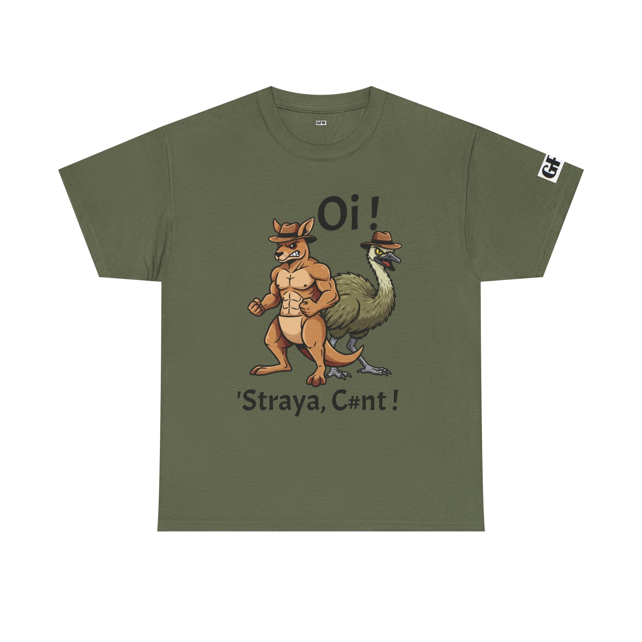 Aussie Mates Graphic Tee — “Oi! ’Straya, C#nt!” Cartoon Kangaroo & Emu Shirt