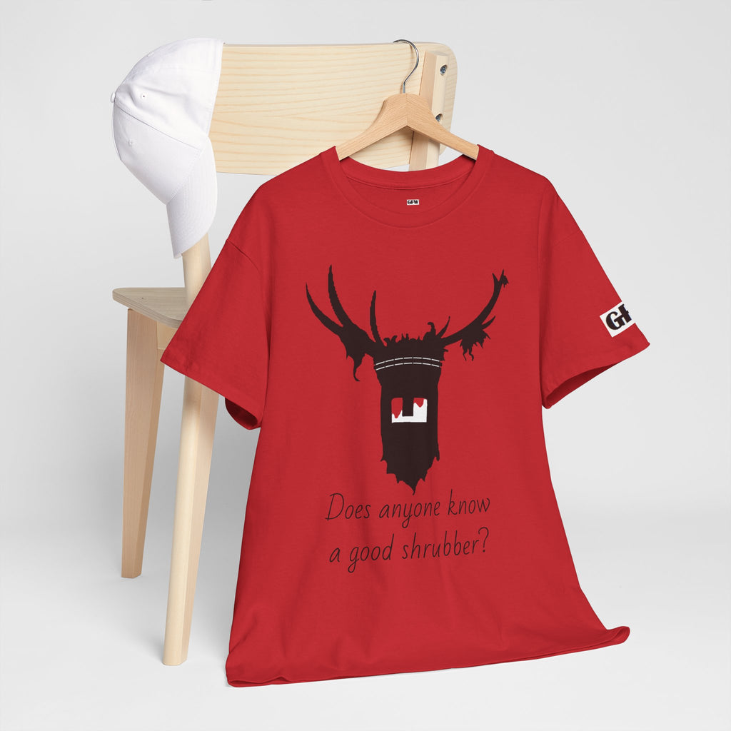 T‑Shirt — 'Does Anyone Know a Good Shrubber?'  Black Deer Mask Tee