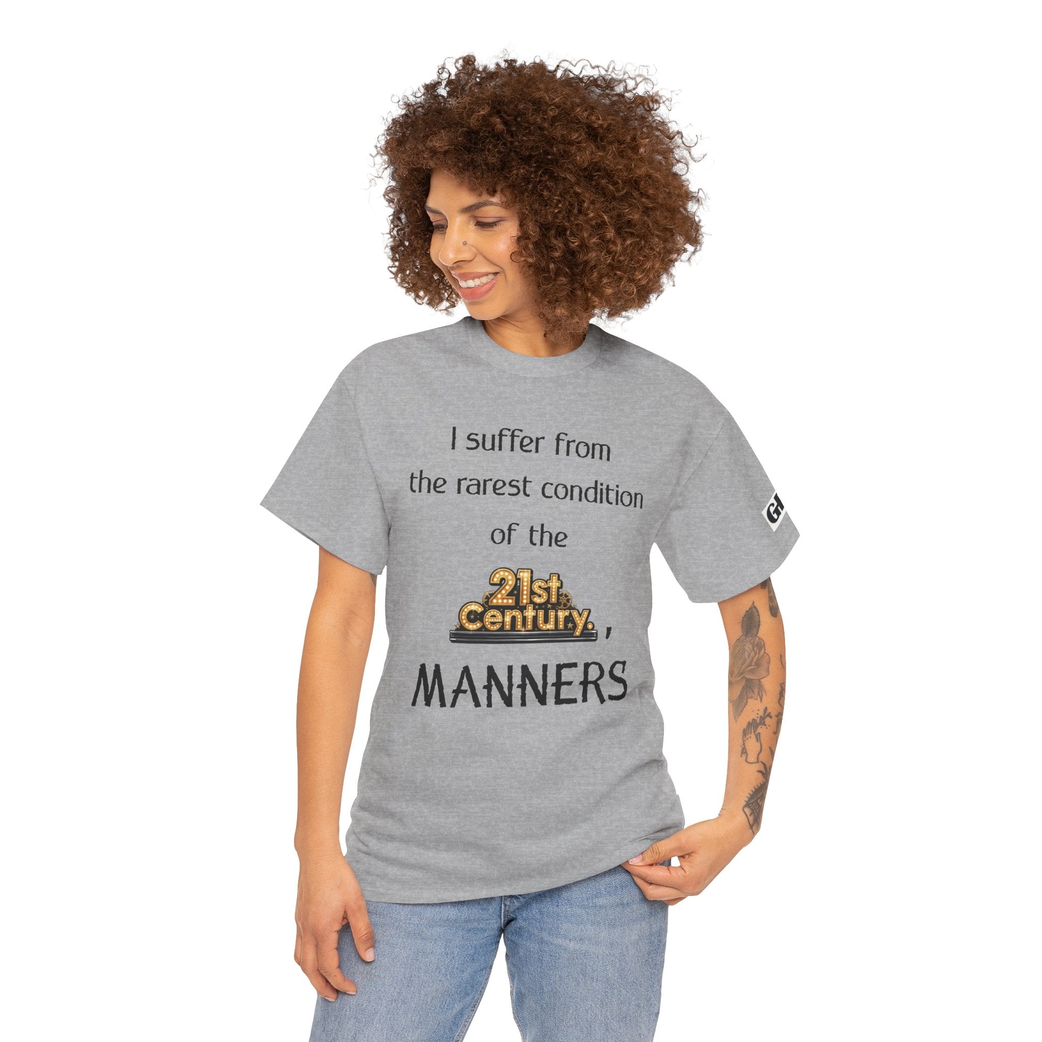 T‑Shirt — "I suffer from the rarest condition of the 21st Century: Manners" Vintage Lettering Tee