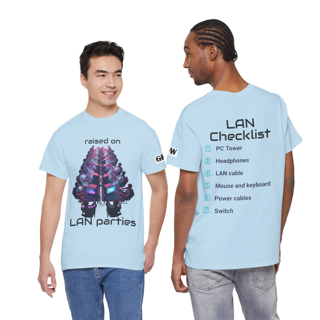 LAN Parties T-Shirt — "Raised on LAN parties" PC Gaming Tee with LAN Checklist