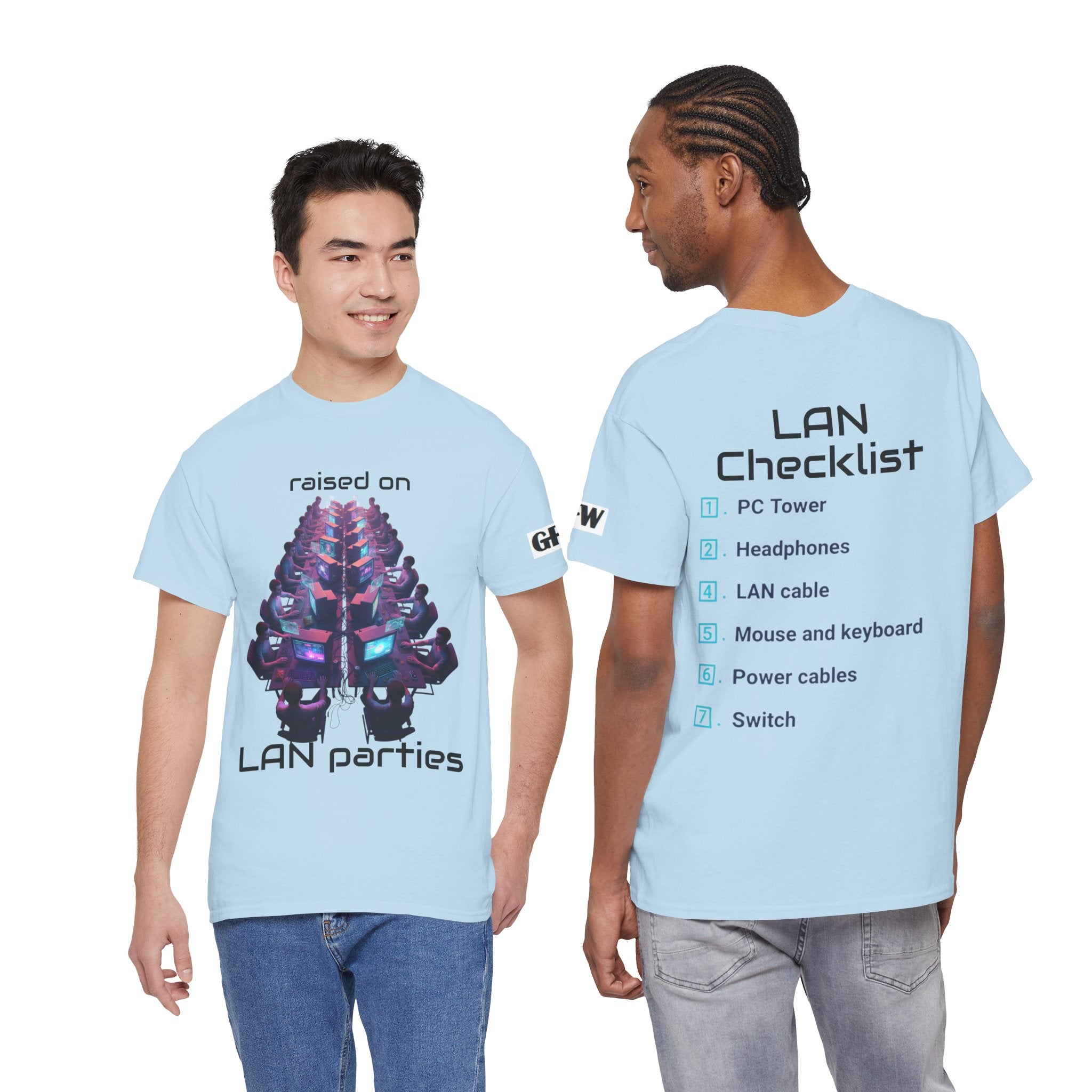 LAN Parties T-Shirt — "Raised on LAN parties" PC Gaming Tee with LAN Checklist