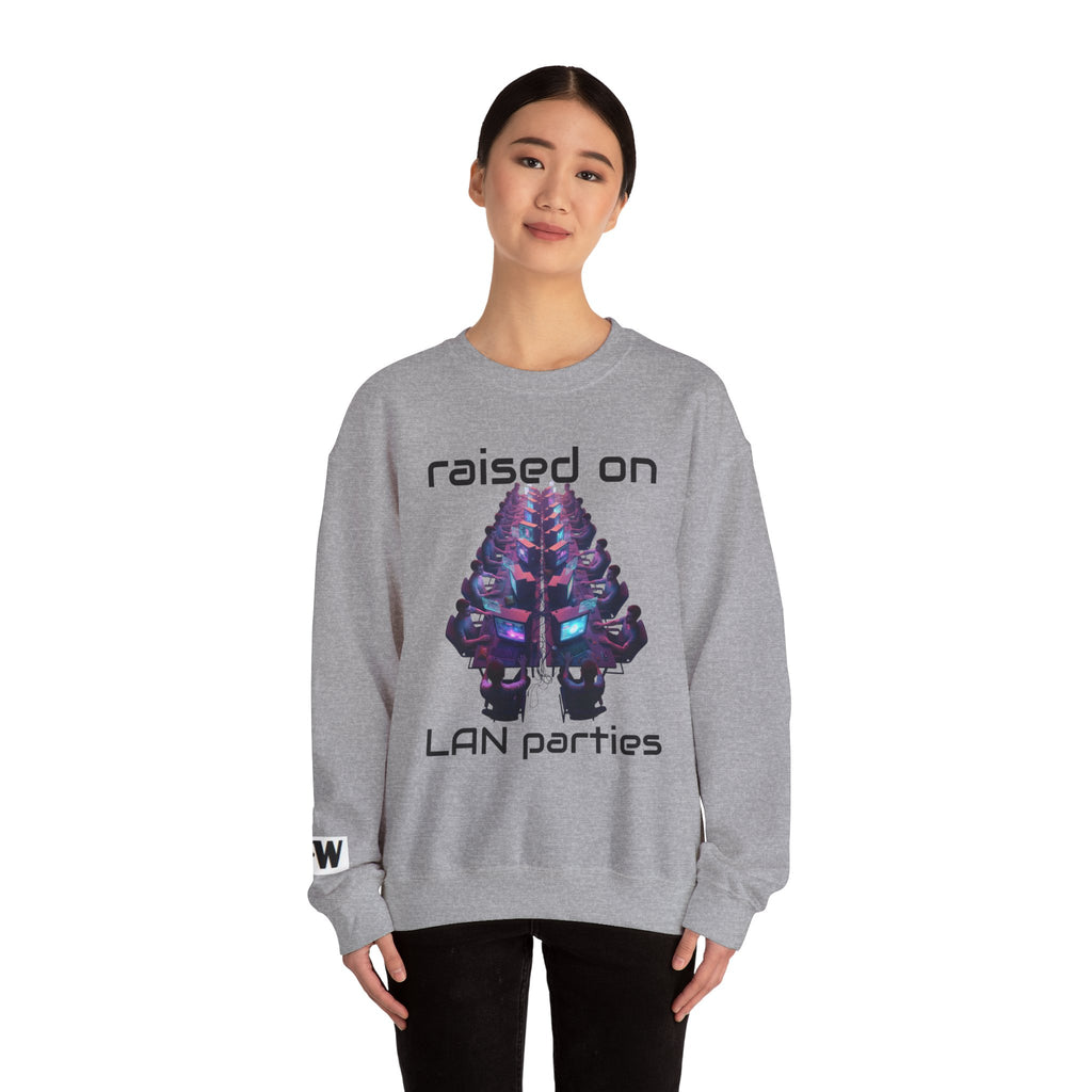 LAN Party Sweatshirt — "Raised on LAN Parties" Crewneck with Backside LAN Checklist