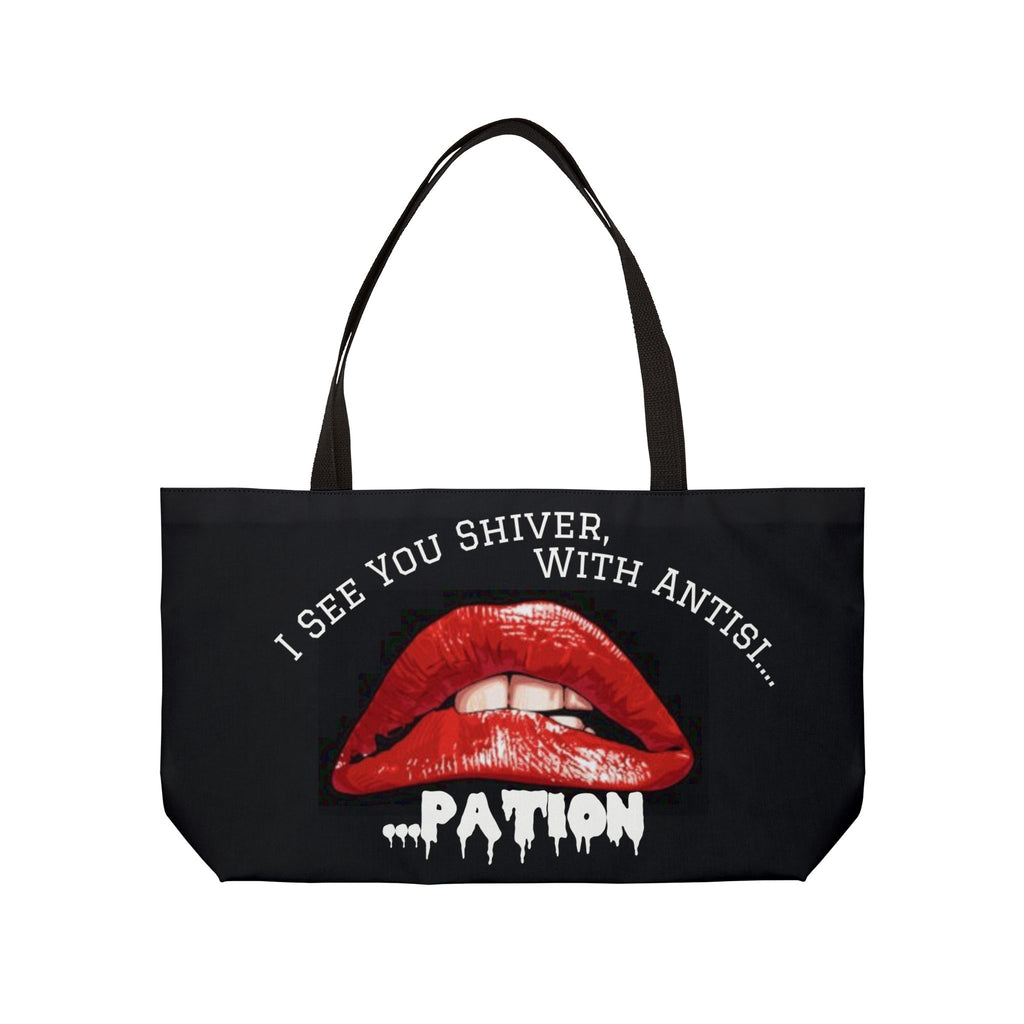 Weekender Tote Bag — "I See You Shiver, With Antisipation" Red Lip Graphic Tote