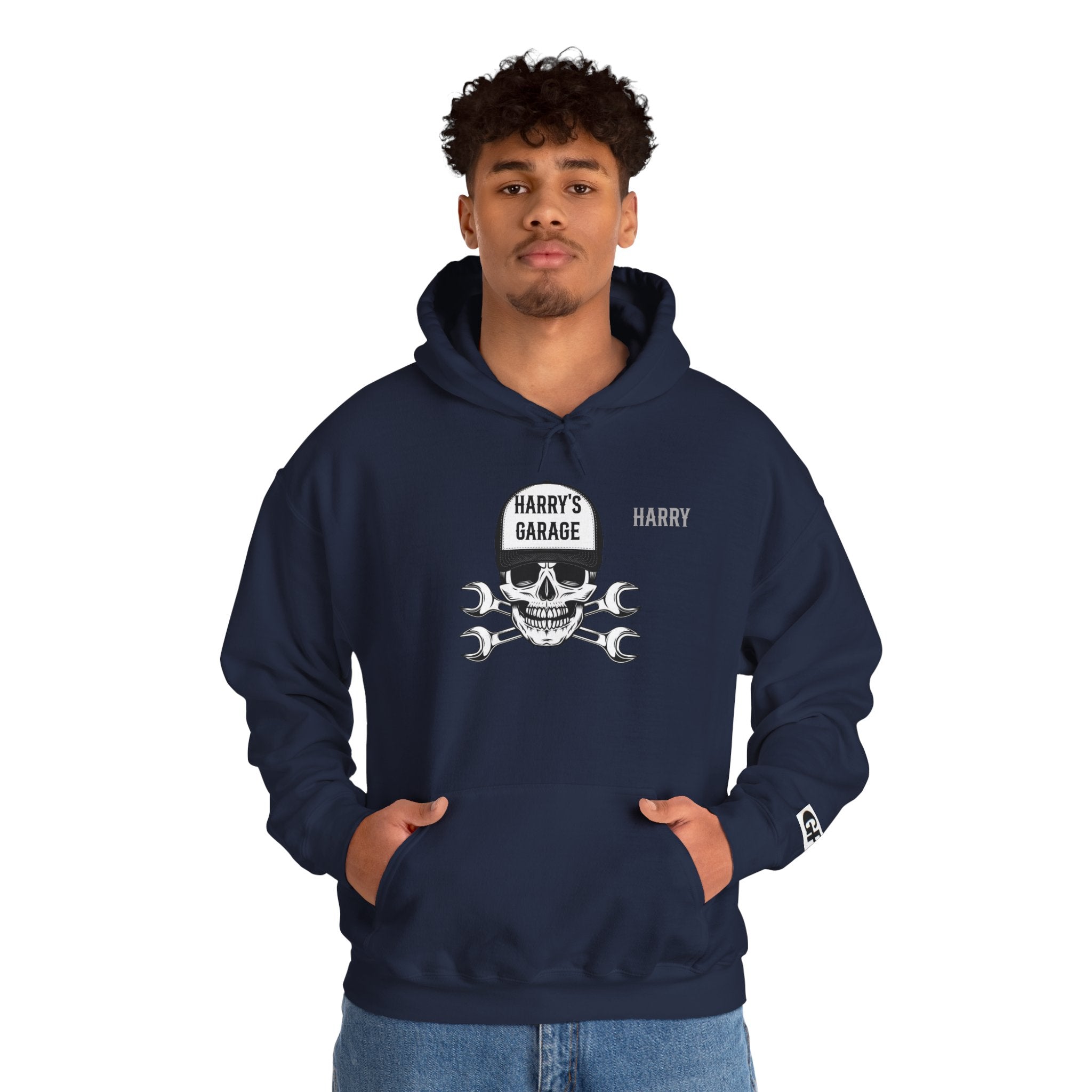Personalisable - Garage Skull Hoodie — "Harry's Garage" Mechanic Wrench Pullover
