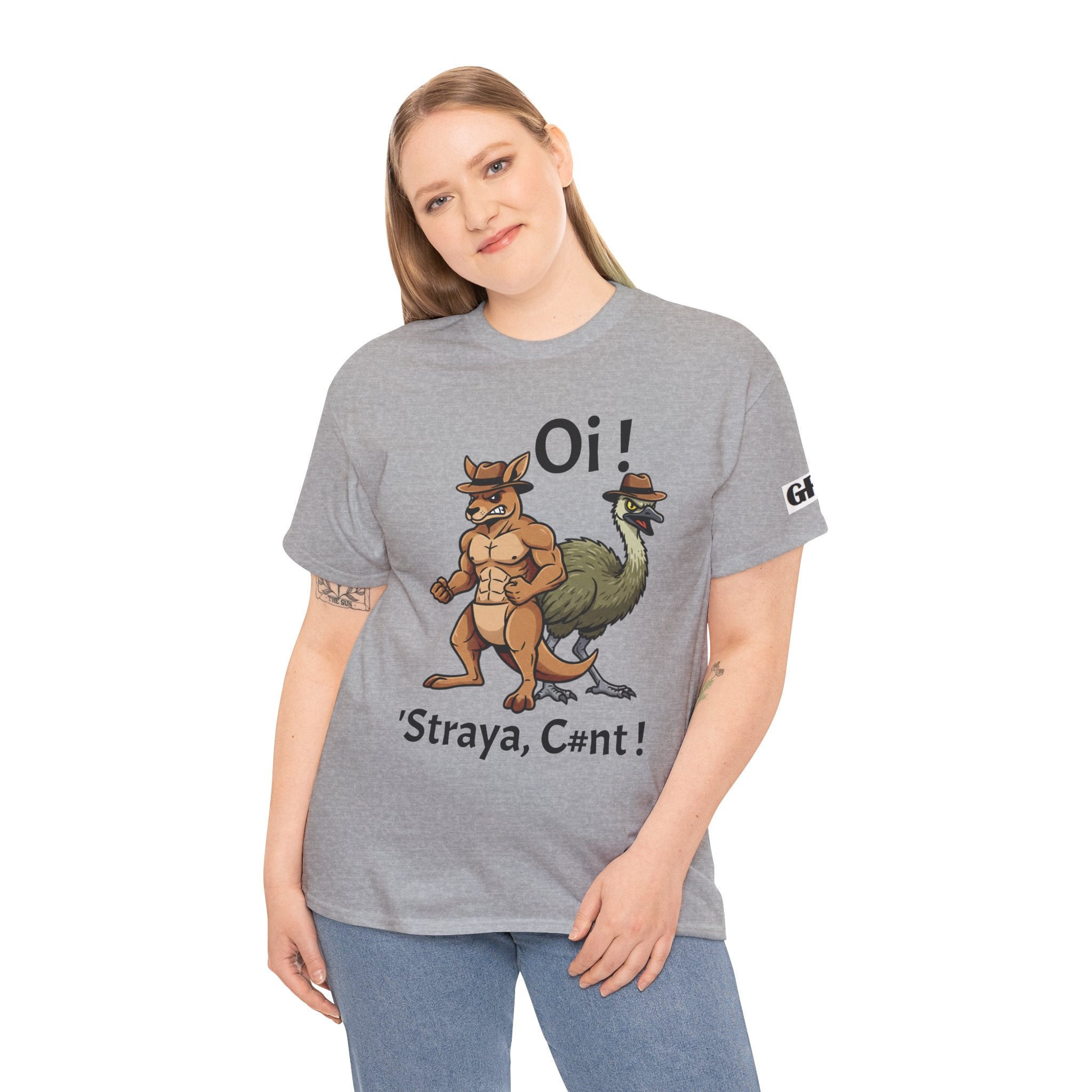 Aussie Mates Graphic Tee — “Oi! ’Straya, C#nt!” Cartoon Kangaroo & Emu Shirt