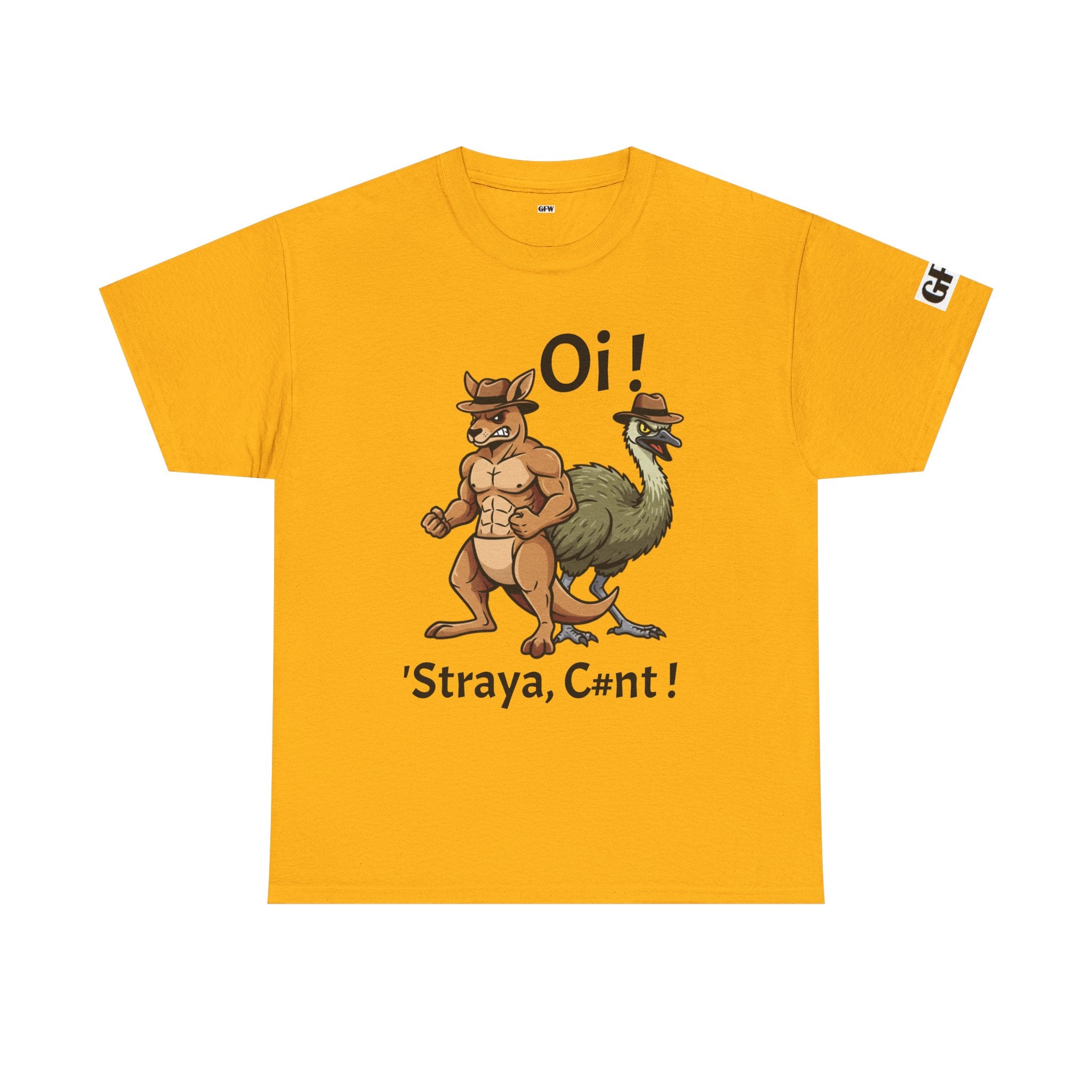 Aussie Mates Graphic Tee — “Oi! ’Straya, C#nt!” Cartoon Kangaroo & Emu Shirt