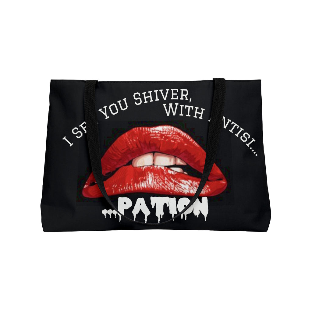 Weekender Tote Bag — "I See You Shiver, With Antisipation" Red Lip Graphic Tote