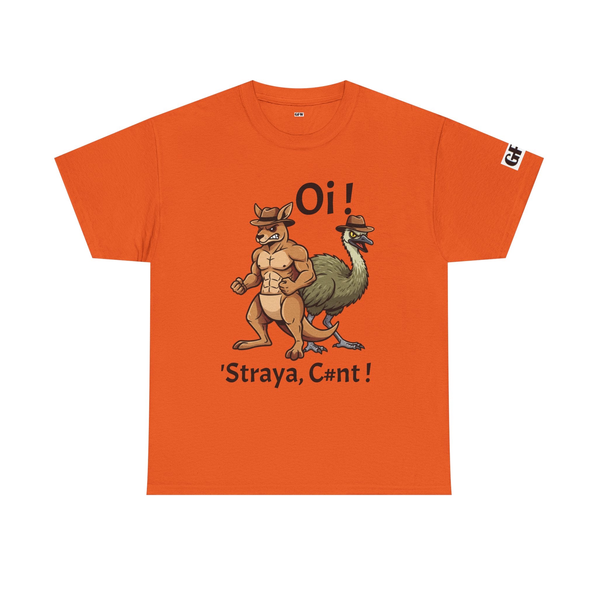 Aussie Mates Graphic Tee — “Oi! ’Straya, C#nt!” Cartoon Kangaroo & Emu Shirt