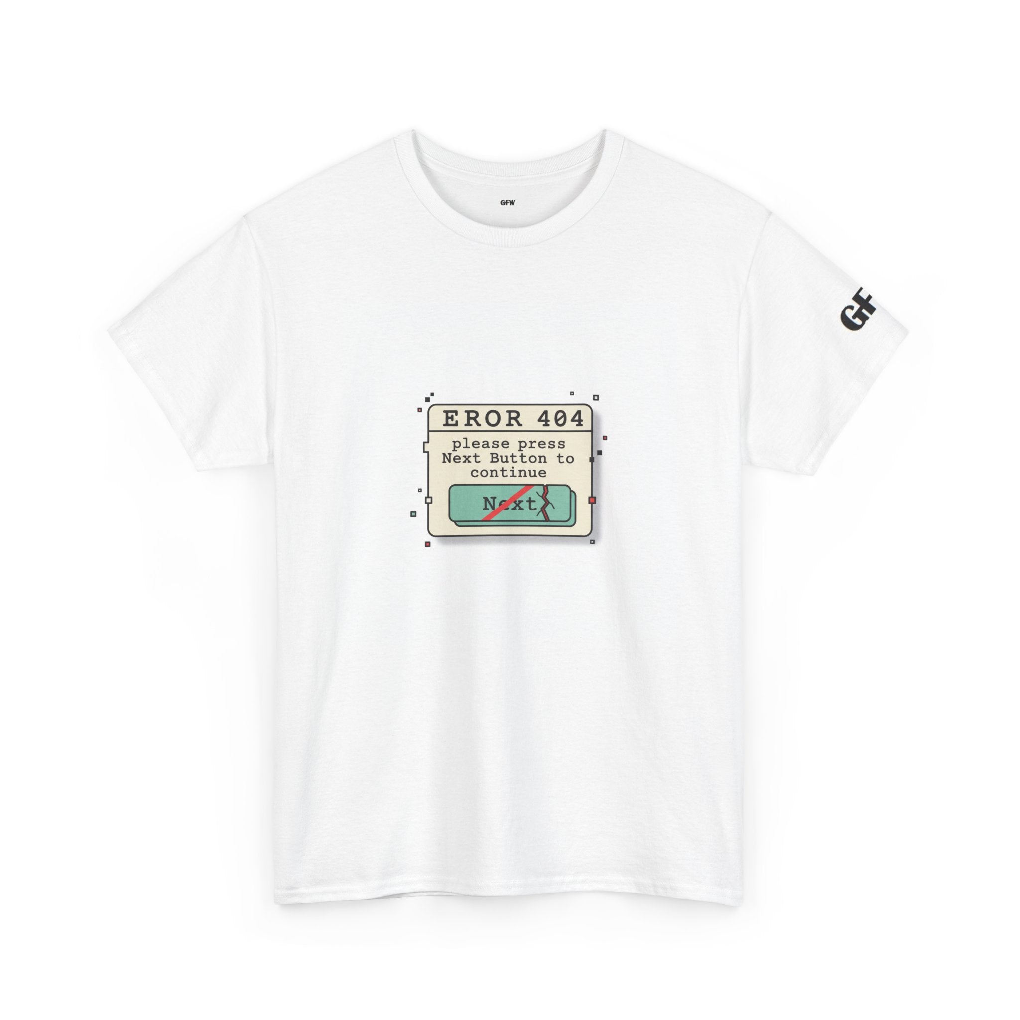 Error 404 Tee — Retro Computer Graphic "Please Press Next Button to Continue" T-Shirt