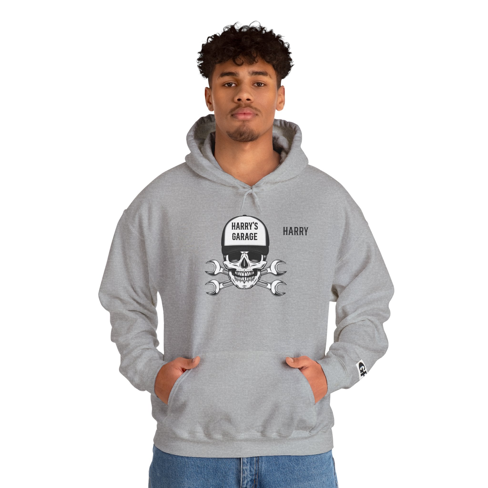 Personalisable - Garage Skull Hoodie — "Harry's Garage" Mechanic Wrench Pullover