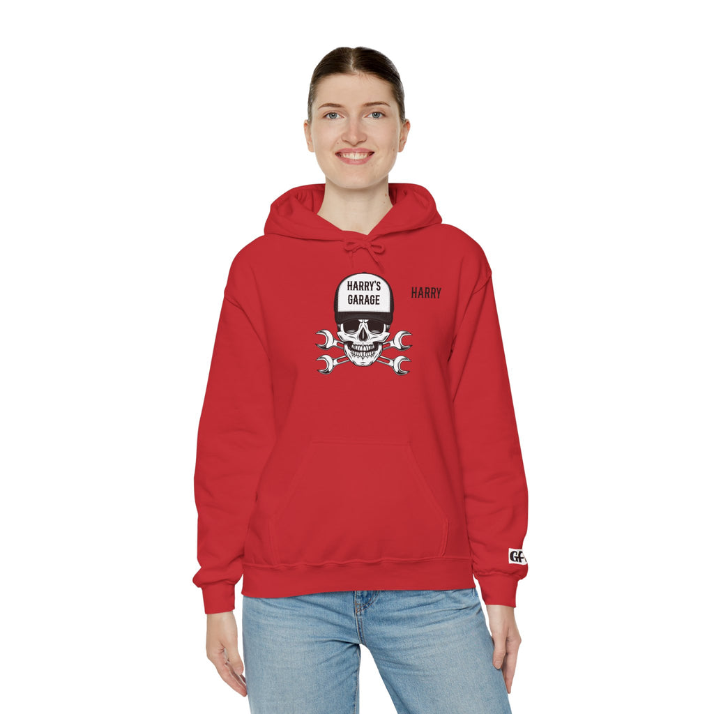 Personalisable - Garage Skull Hoodie — "Harry's Garage" Mechanic Wrench Pullover