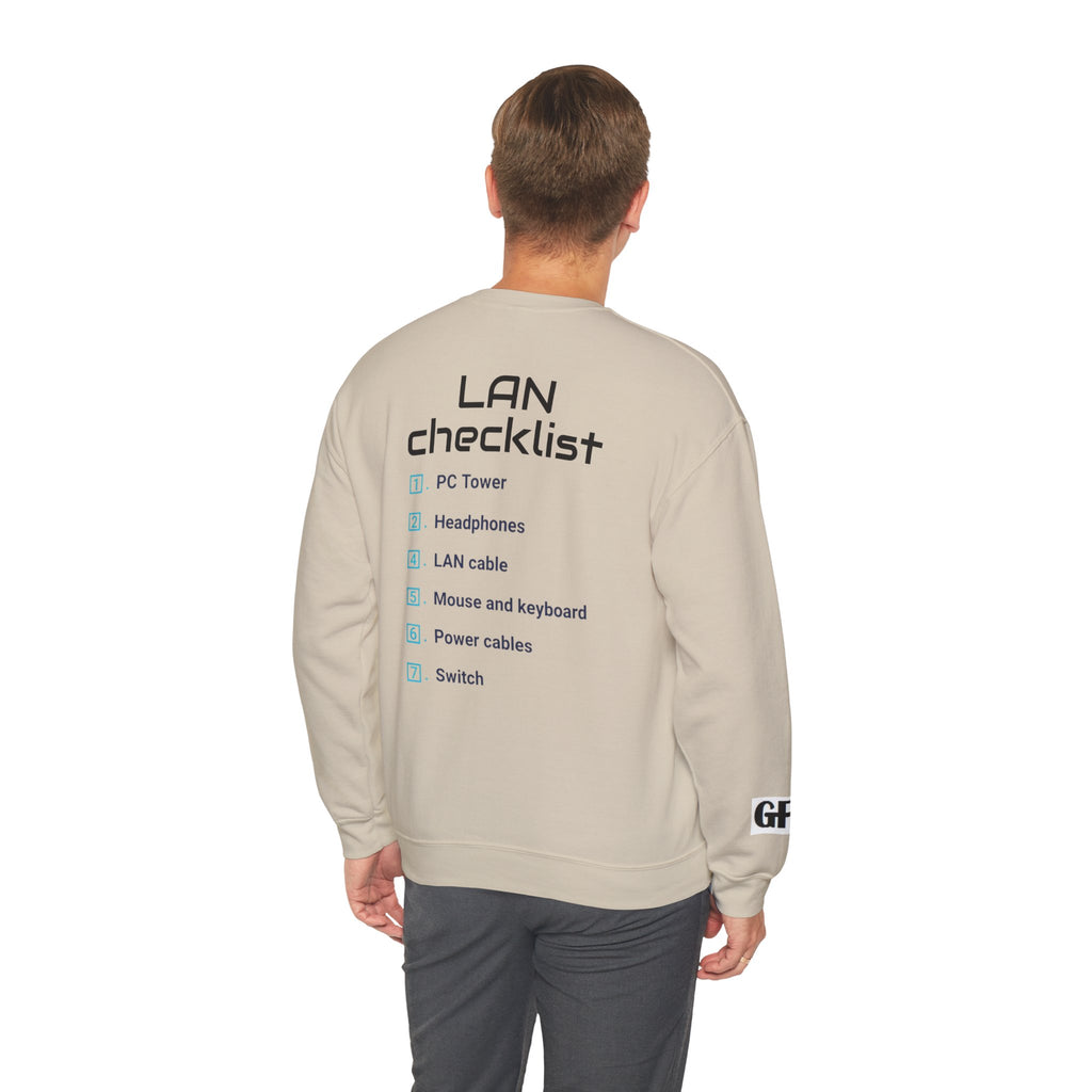 LAN Party Sweatshirt — "Raised on LAN Parties" Crewneck with Backside LAN Checklist