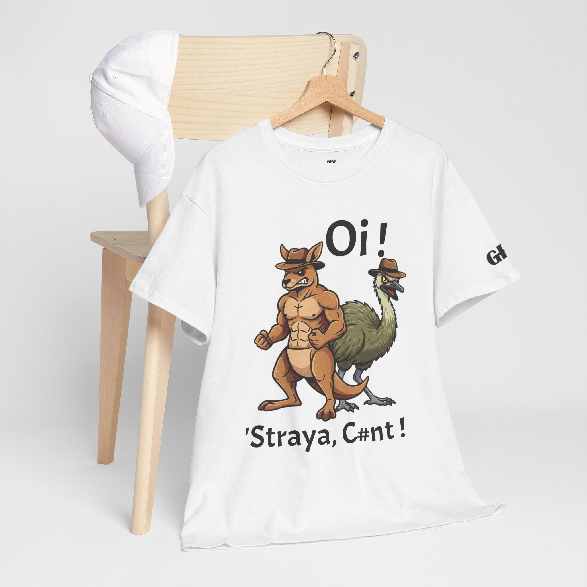 Aussie Mates Graphic Tee — “Oi! ’Straya, C#nt!” Cartoon Kangaroo & Emu Shirt