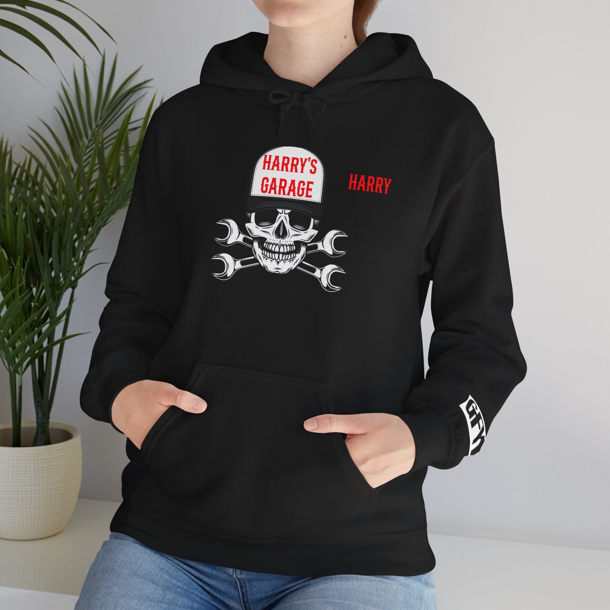 Personalisable - Garage Skull Hoodie — "Harry's Garage" Mechanic Wrench Pullover