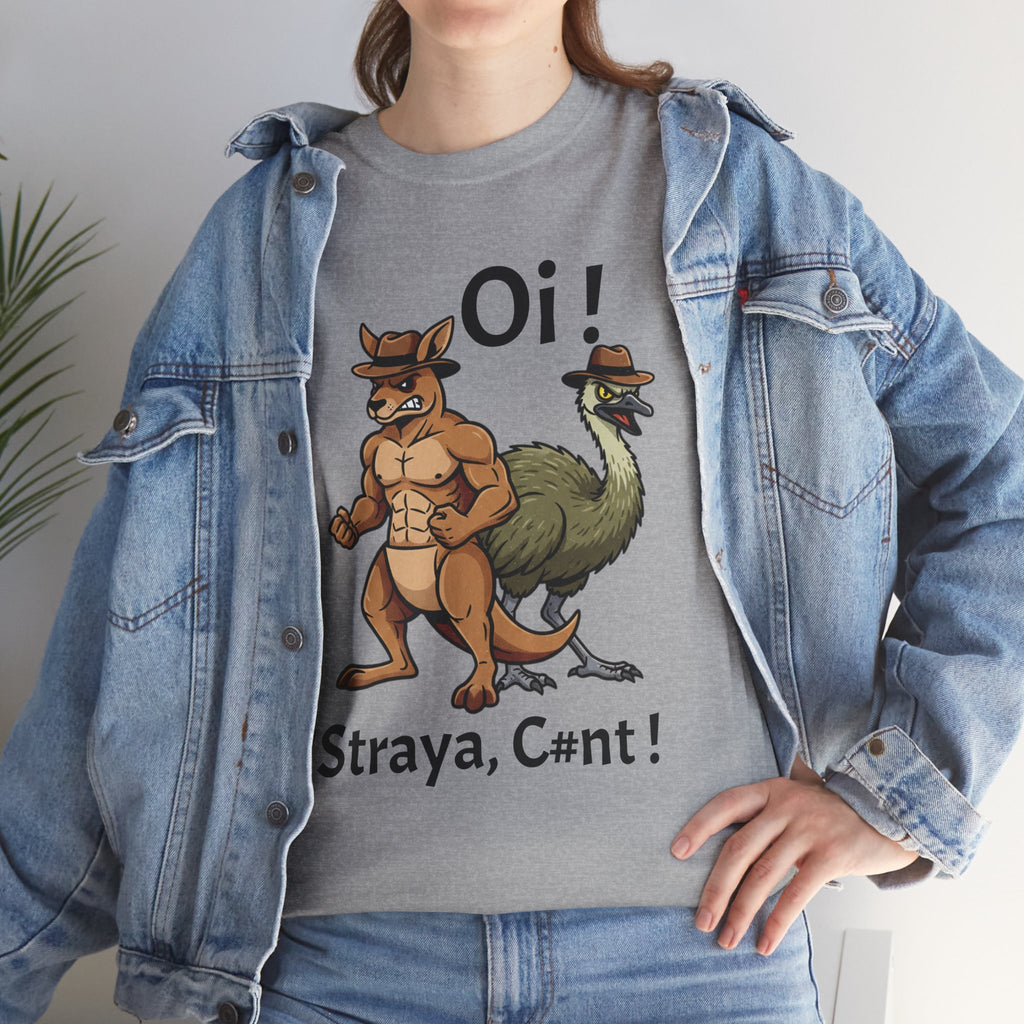 Aussie Mates Graphic Tee — “Oi! ’Straya, C#nt!” Cartoon Kangaroo & Emu Shirt