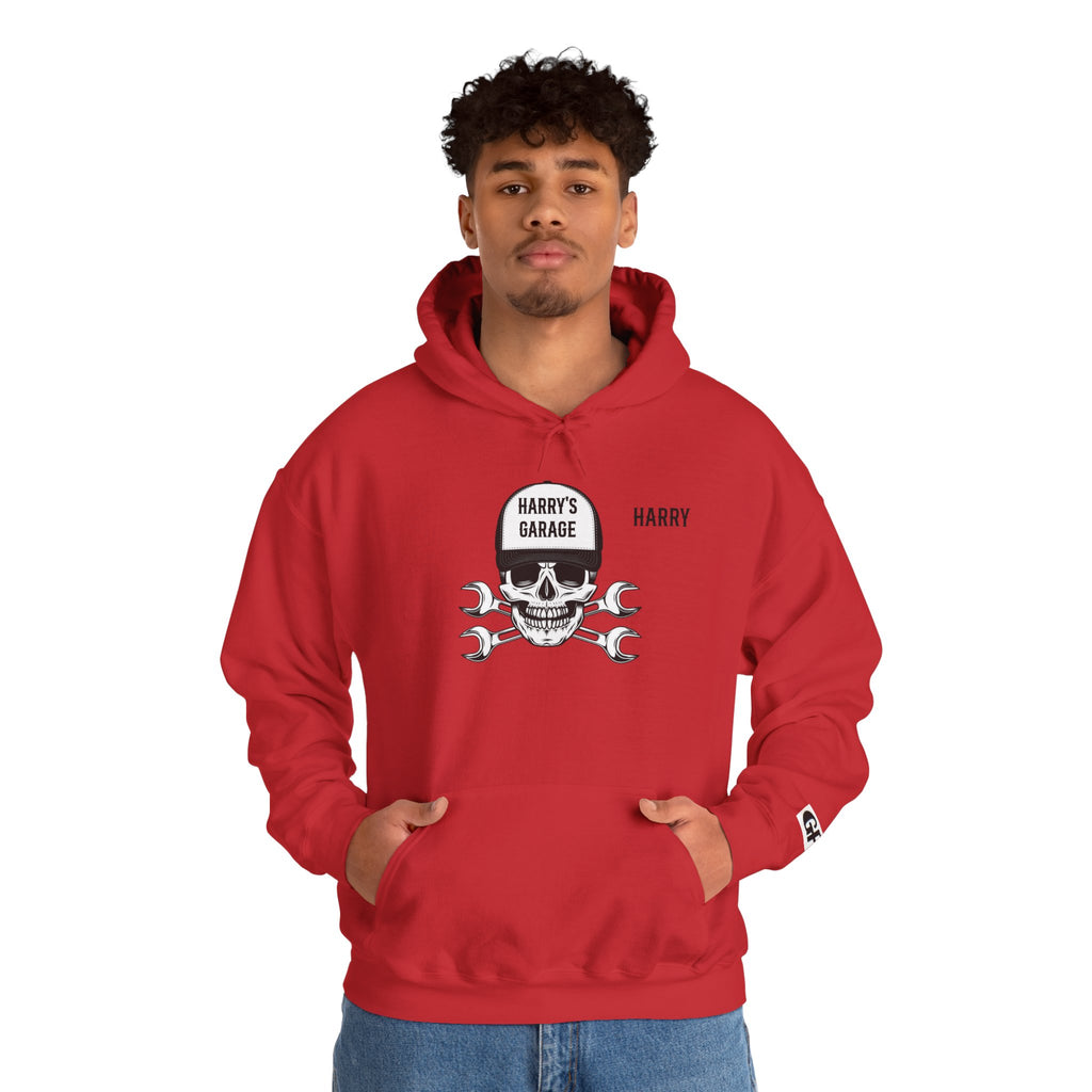 Personalisable - Garage Skull Hoodie — "Harry's Garage" Mechanic Wrench Pullover