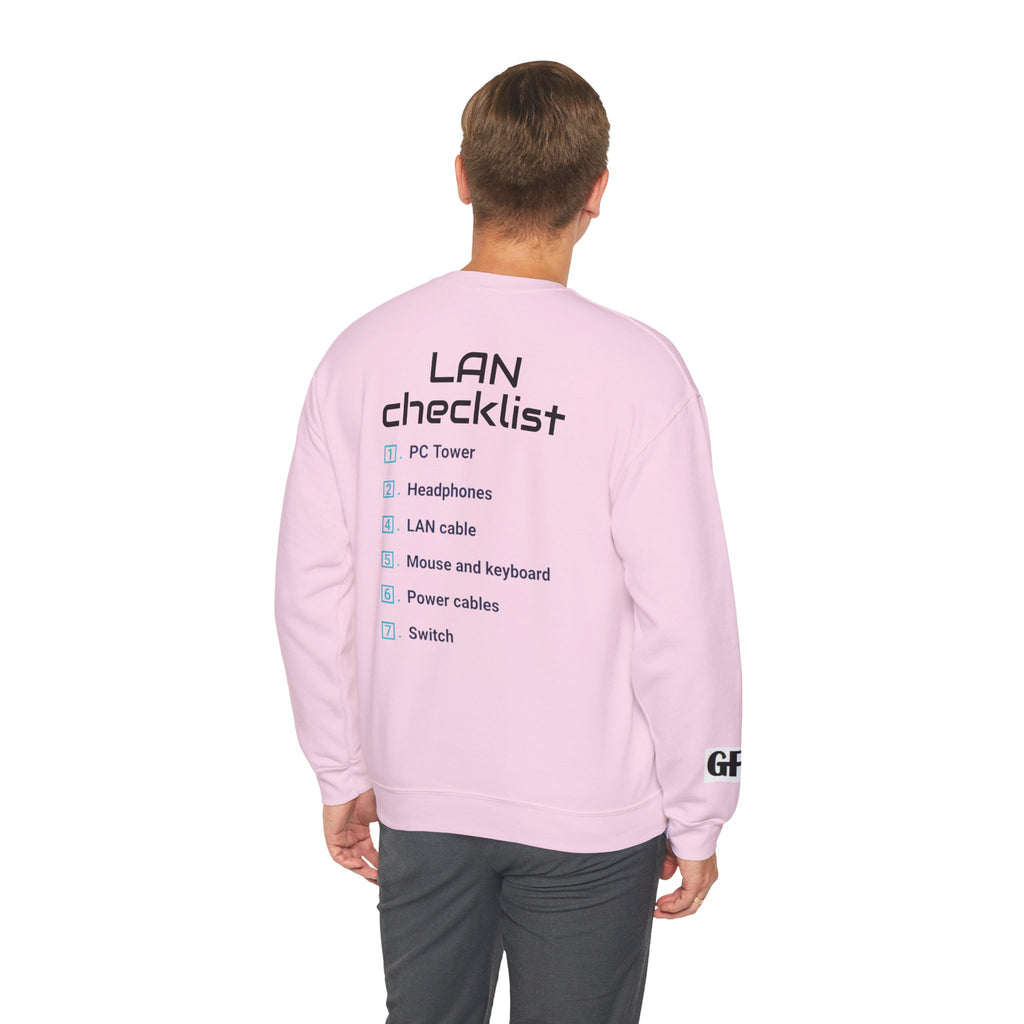 LAN Party Sweatshirt — "Raised on LAN Parties" Crewneck with Backside LAN Checklist