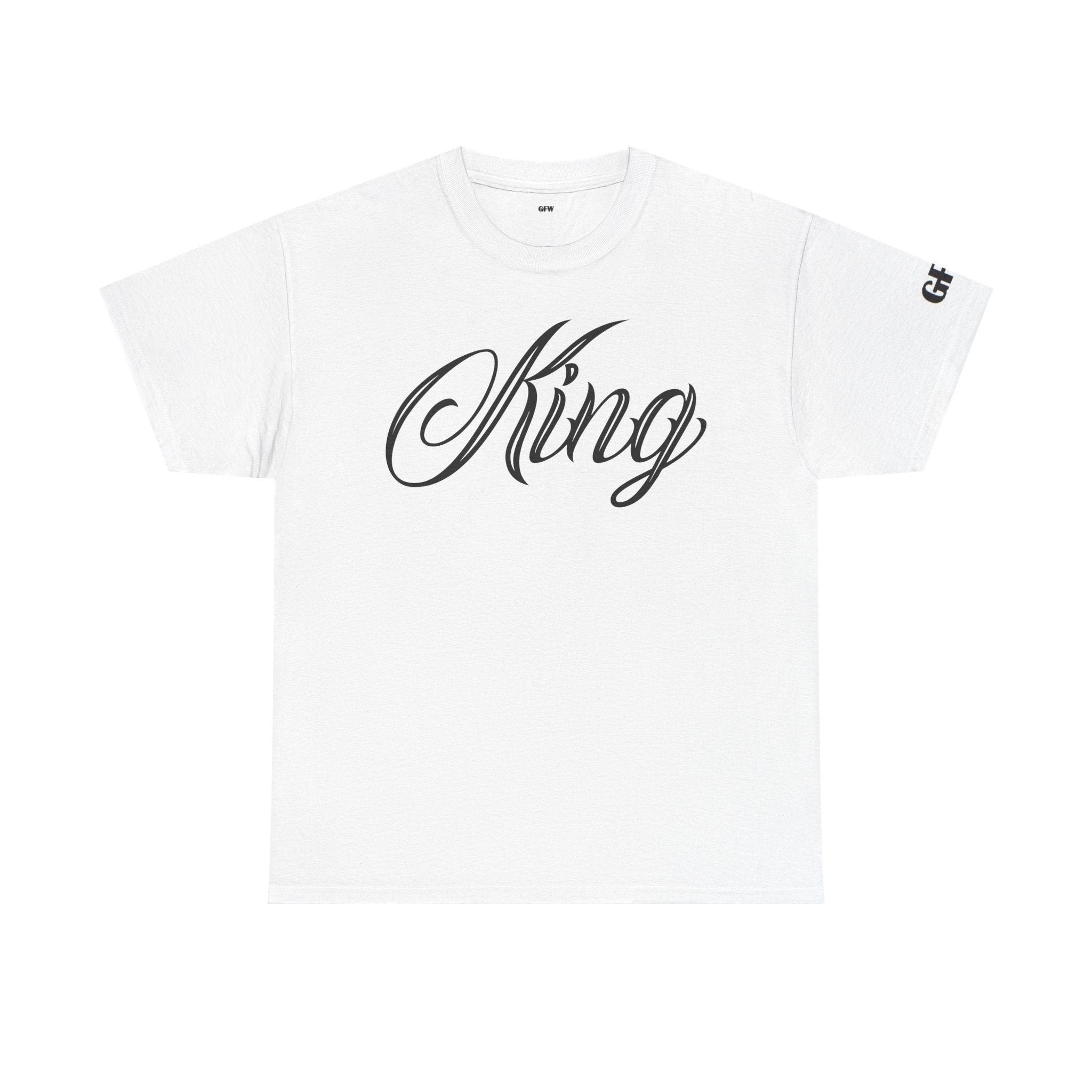 King Tee — White Graphic T‑Shirt with Script "King" & Gold Chess Piece