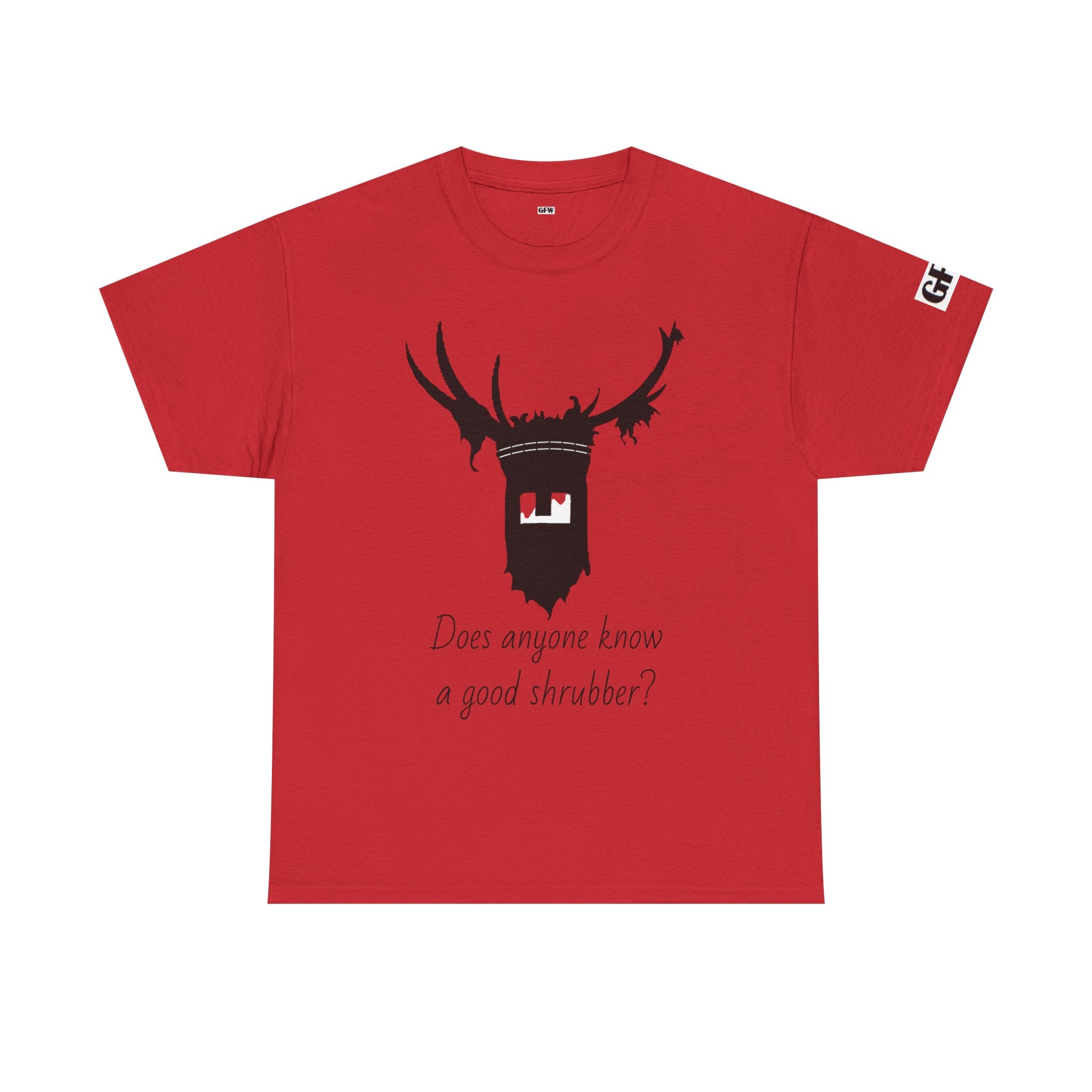 T‑Shirt — 'Does Anyone Know a Good Shrubber?'  Black Deer Mask Tee